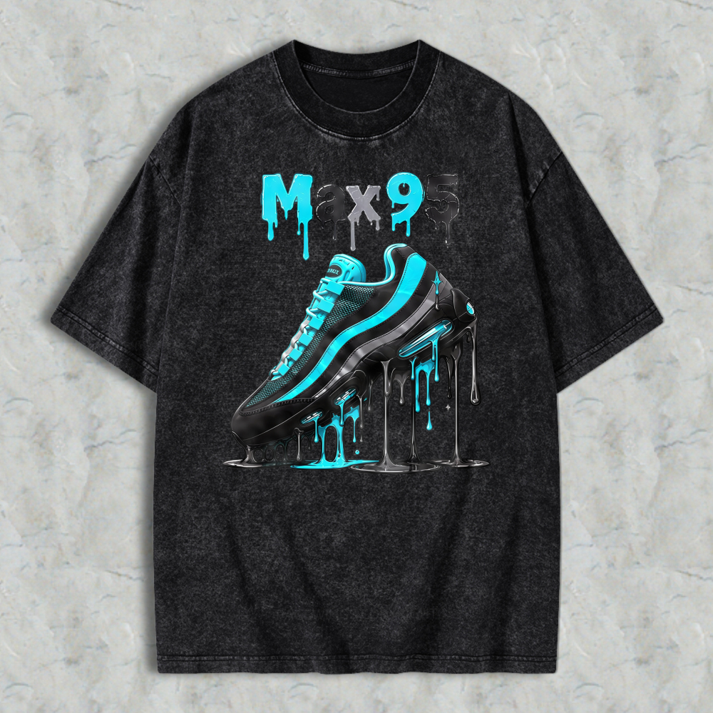 Blue And Black Sneaker With Drip Effect Graphic Washed T-shirt
