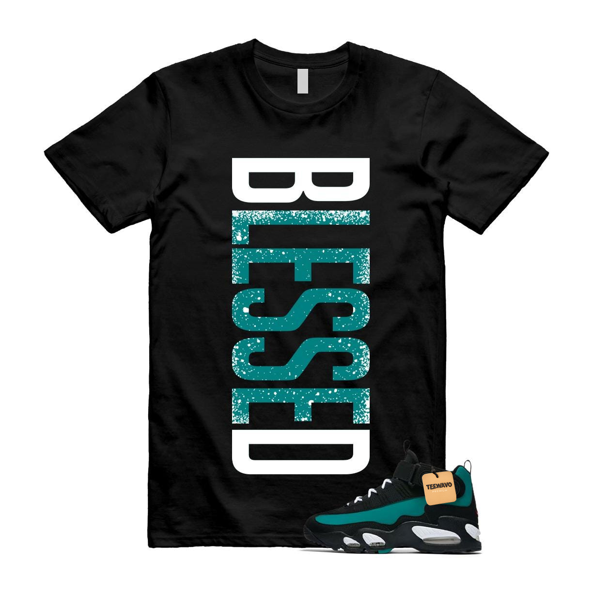 Vertical White Outline Teal Speckle Splatter Letter Print Crew Neck Tee
