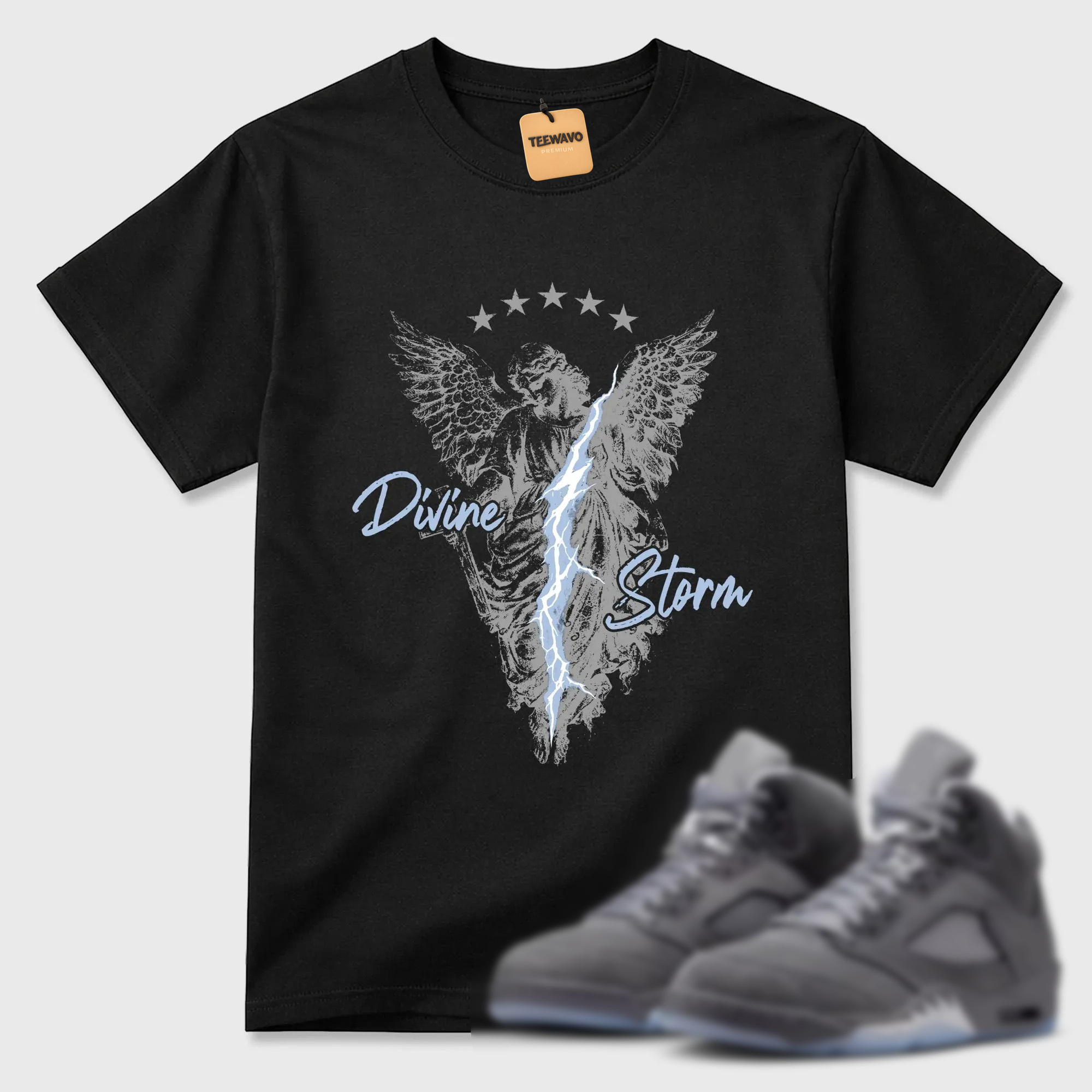 Divine Storm TEEWAVO Sneaker Tees - AJ 5 Wolf Grey