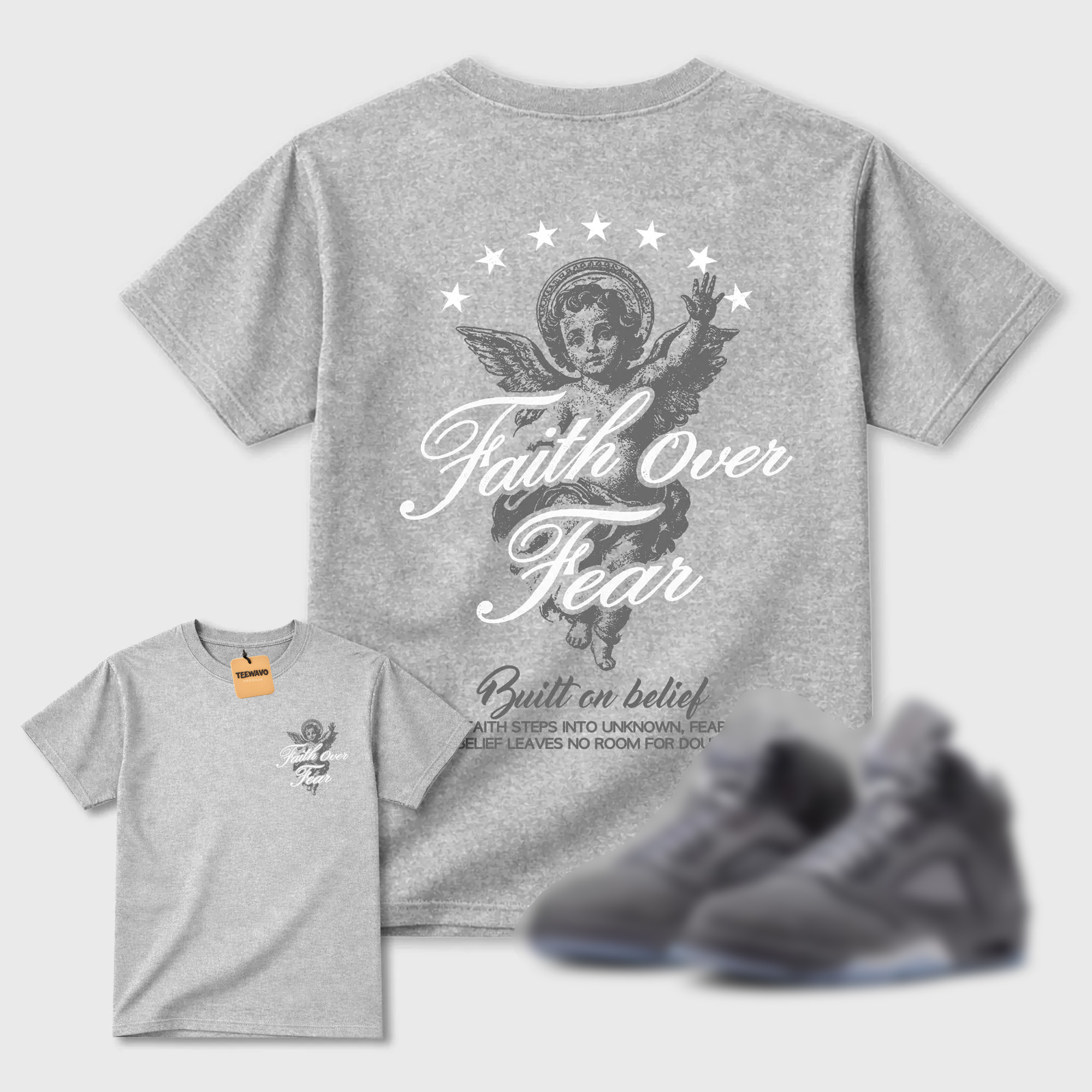 Faith Over Fear TEEWAVO Sneaker Tees - AJD 5 Wolf Grey