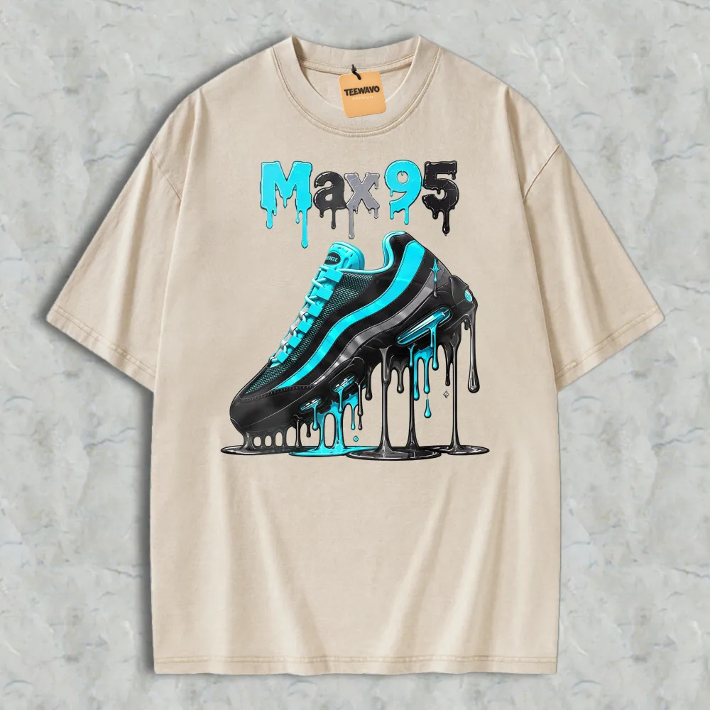 Blue And Black Sneaker With Drip Effect Graphic Washed T-shirt