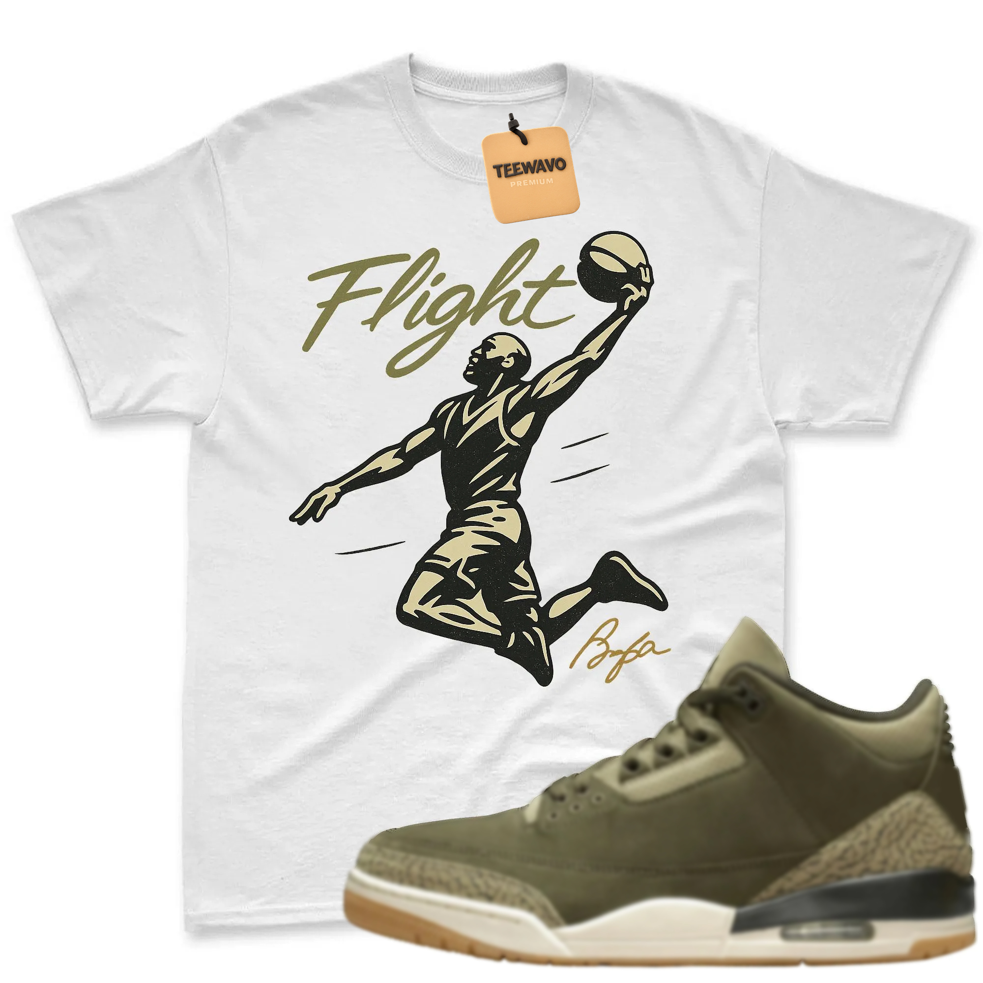FLIGHT Shirt to Match Joardan 3 Family Affair Medium Olive, Jordan 3 Family Affair Olive Sneaker Mact