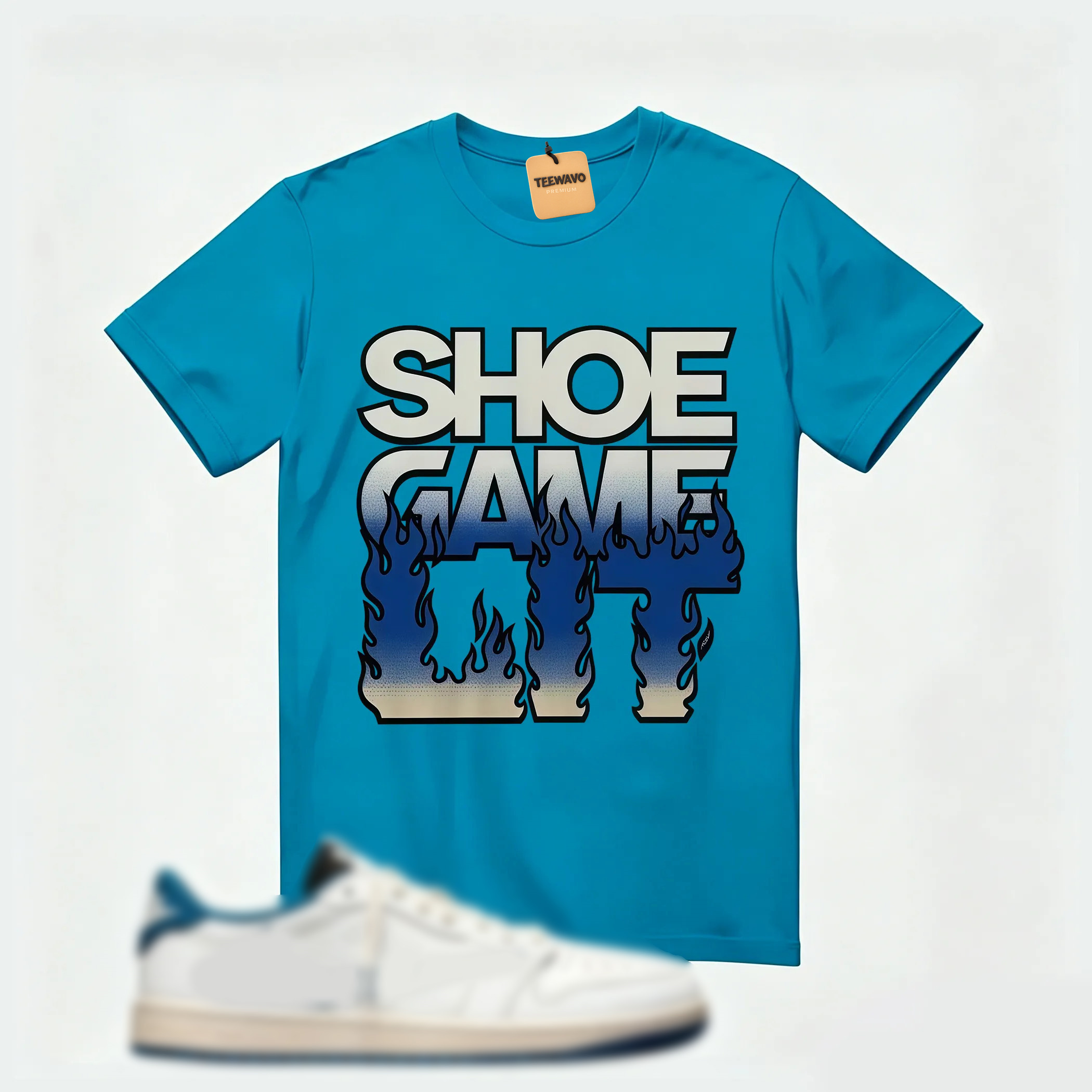 AJ 1 Low OG SP x Fragment Design x Travis Scott Sail Military Blue , T-Shirt (Shoe Game Lit Refreshed)