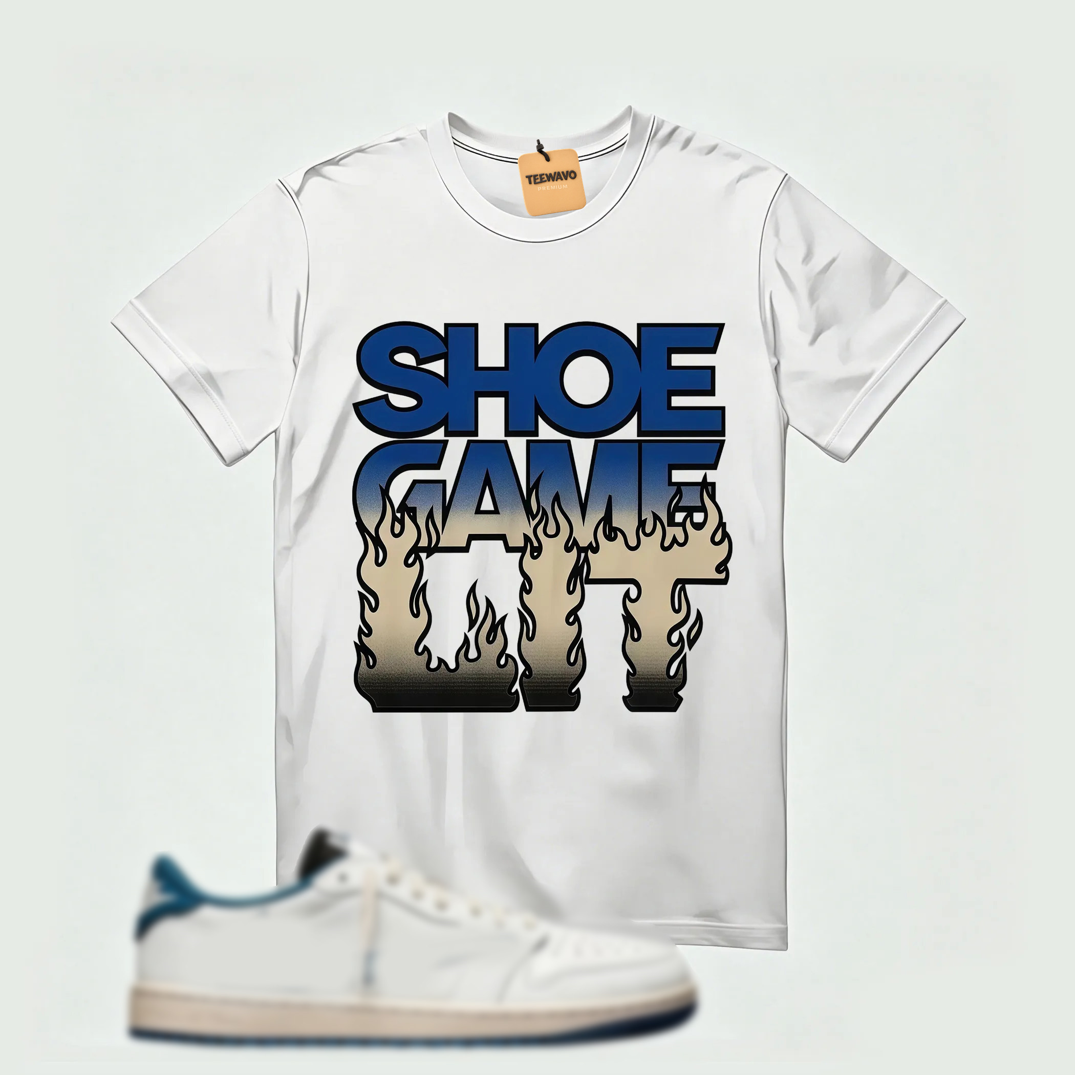 AJ 1 Low OG SP x Fragment Design x Travis Scott Sail Military Blue , T-Shirt (Shoe Game Lit Refreshed)