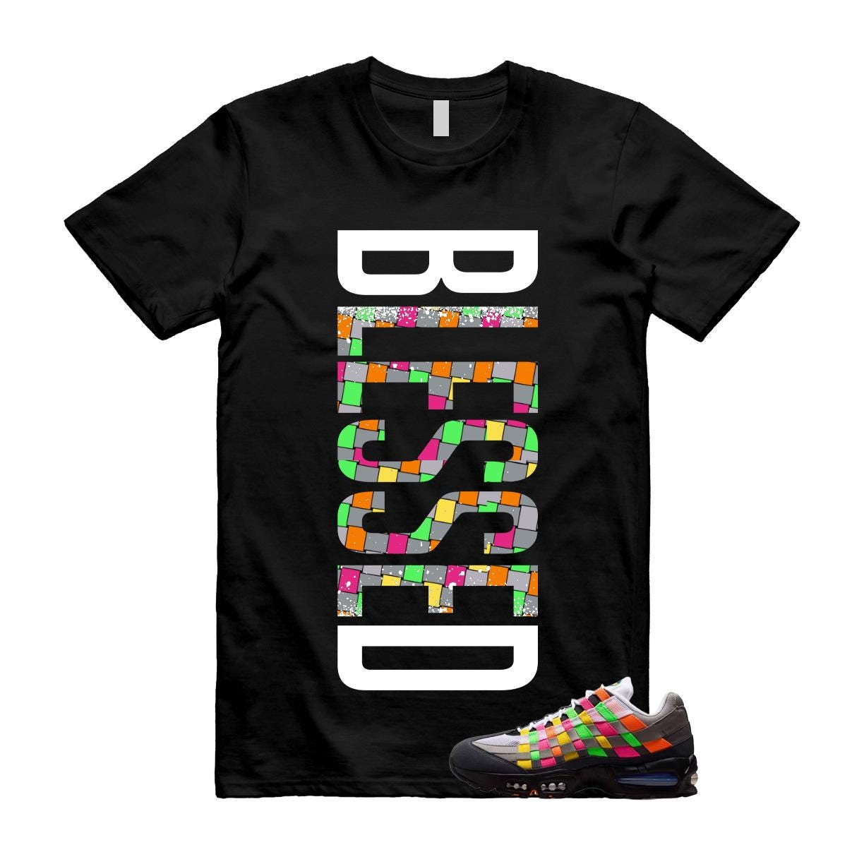 Vertical White Outline Colorful Check Mosaic Letter Print Crew Neck Tee