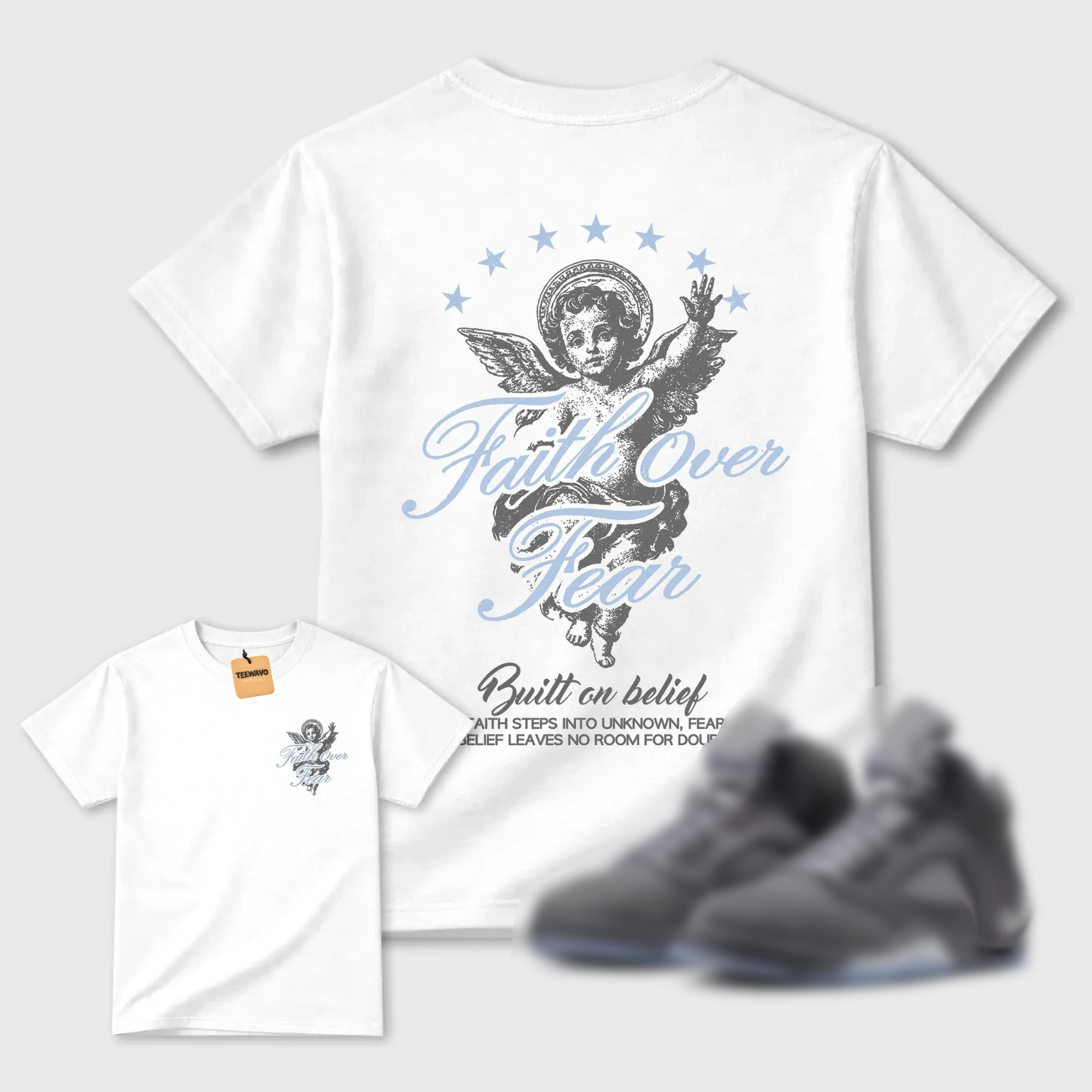 Faith Over Fear TEEWAVO Sneaker Tees - AJD 5 Wolf Grey