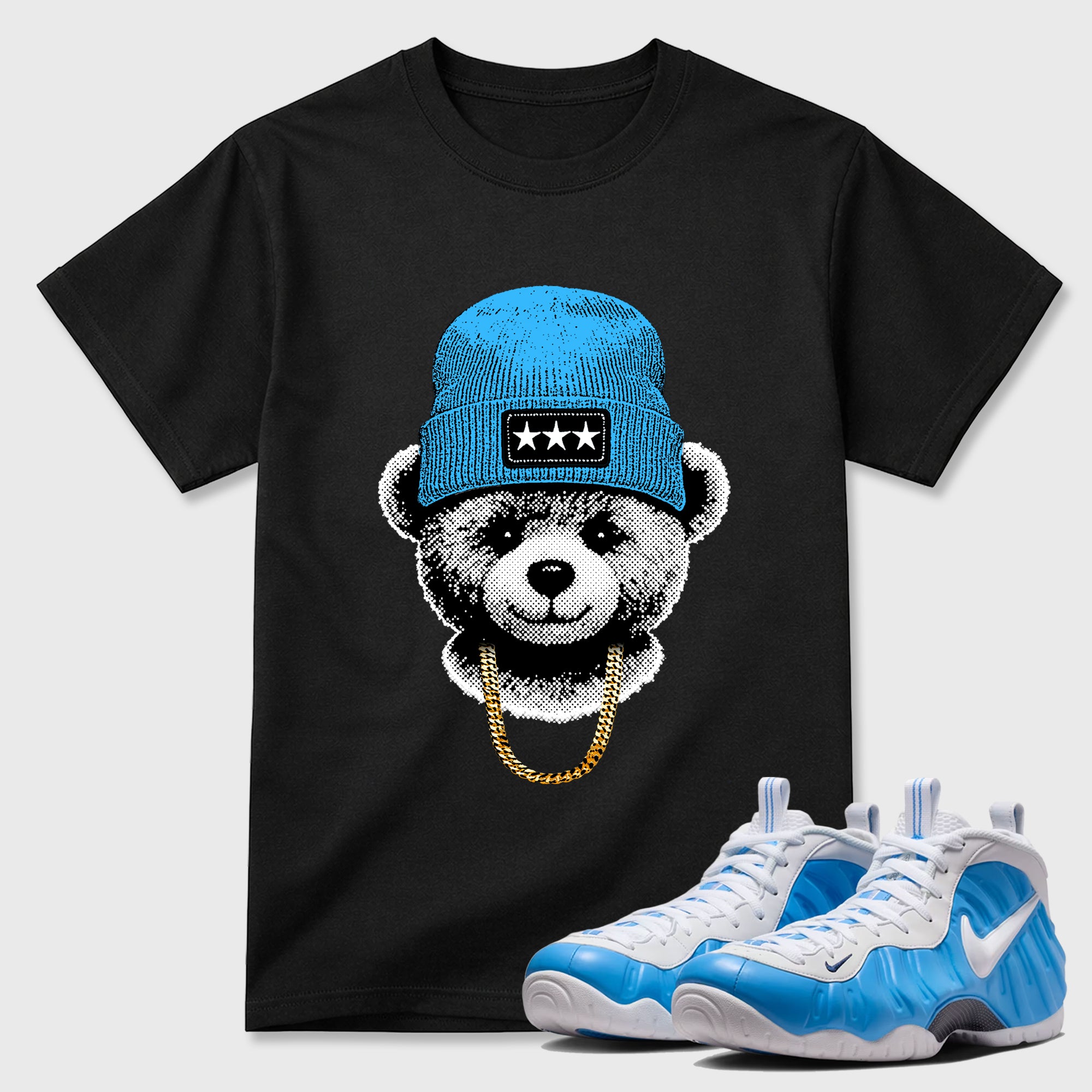Gangster Teddy Sneaker Tees - Air Foamposite Pro University Blue