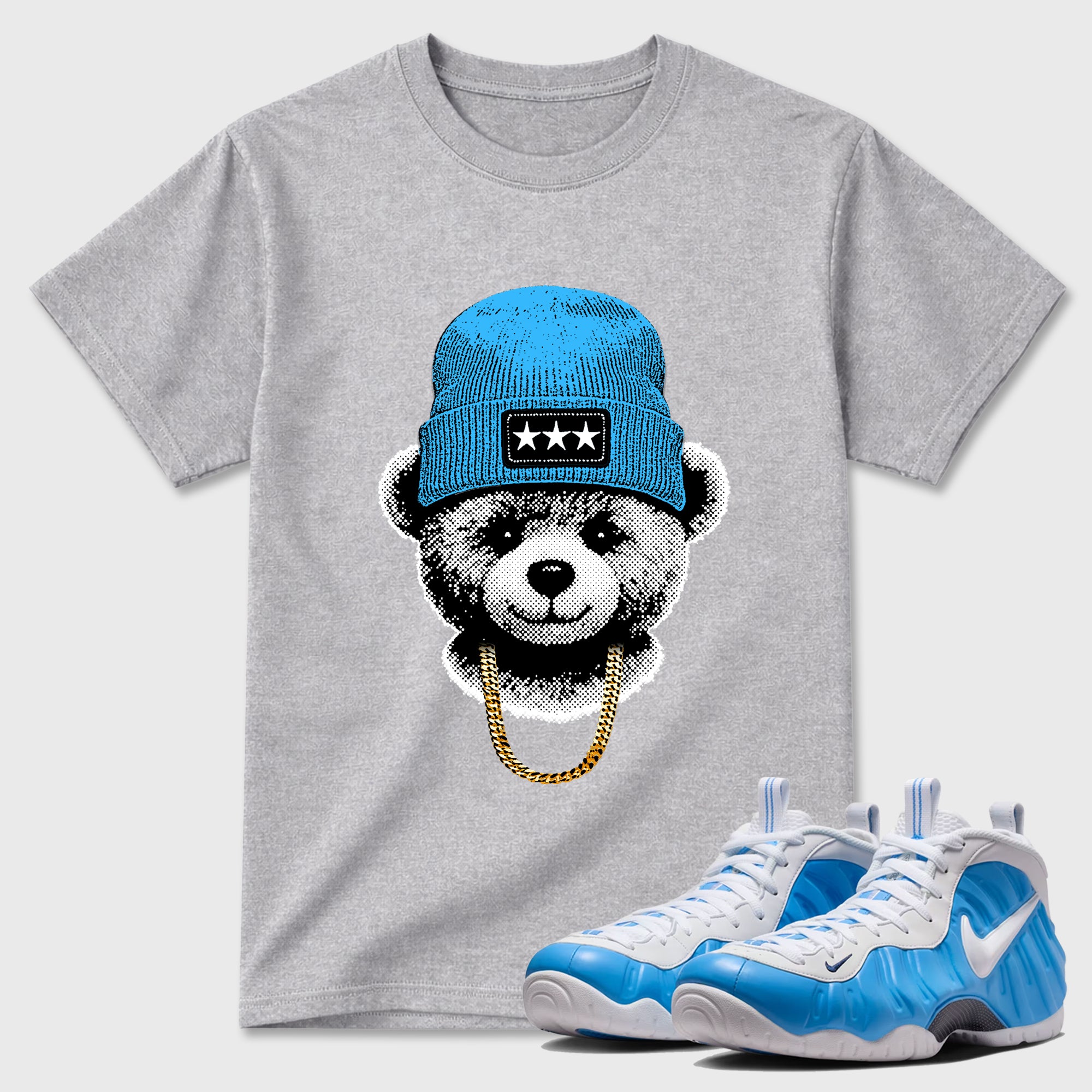 Gangster Teddy Sneaker Tees - Air Foamposite Pro University Blue