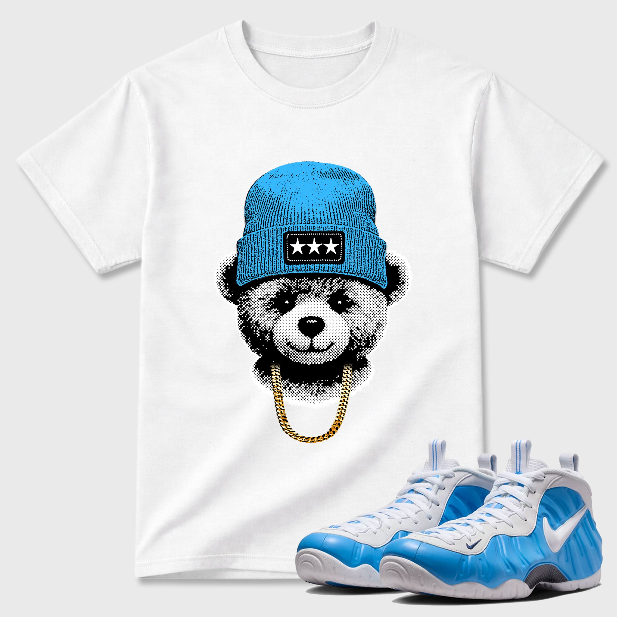 Gangster Teddy Sneaker Tees - Air Foamposite Pro University Blue