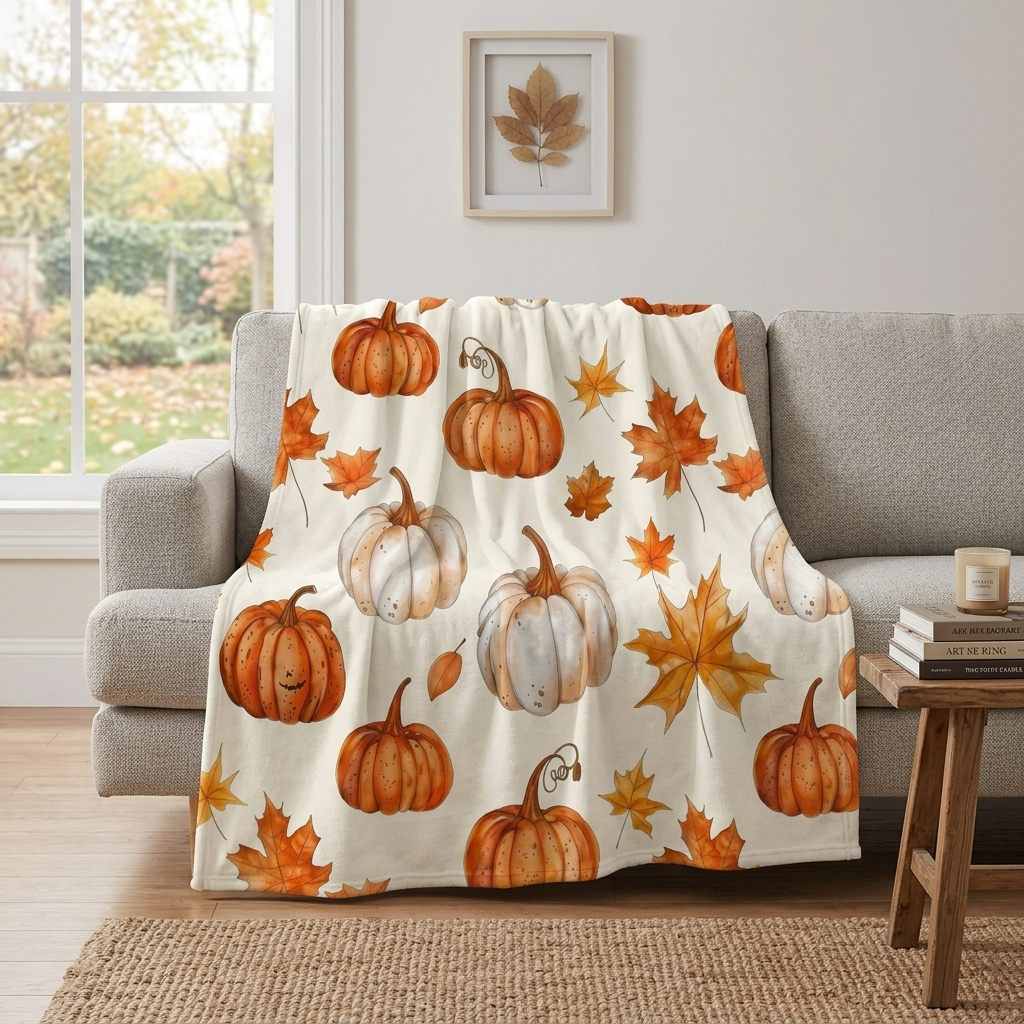 Watercolor Fall Pumpkin & Maple Leaf Flannel Blanket, Perfect Holiday Gift for Family, Farmhouse Bedroom Sofa Couch Decor