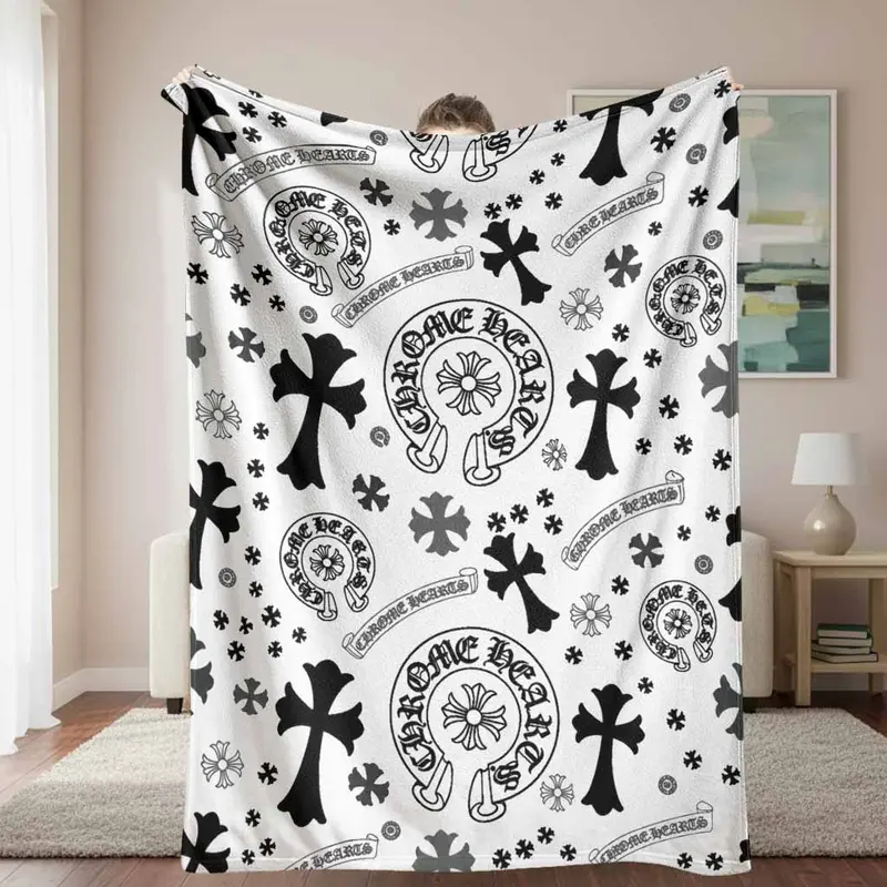 Gothic Cross Flannel Blanket Throw - Flannel Fabric, Black White Vintage Floral Cross Motif