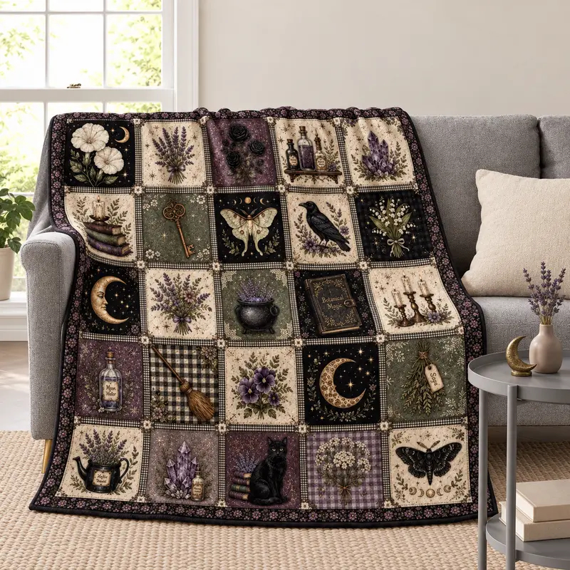 Gothic Witch Flannel Blanket, Dark Cottagecore Throw, Lavender Moon Raven Patchwork Blanket, Botanical Magic Bedding