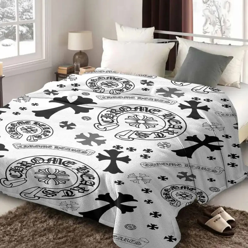 Gothic Cross Flannel Blanket Throw - Flannel Fabric, Black White Vintage Floral Cross Motif