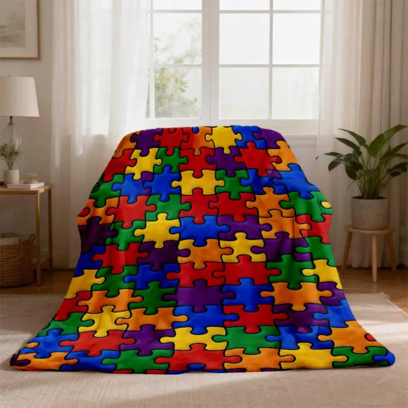 Rainbow Puzzle Pieces All Over Print Flannel Throw Blanket