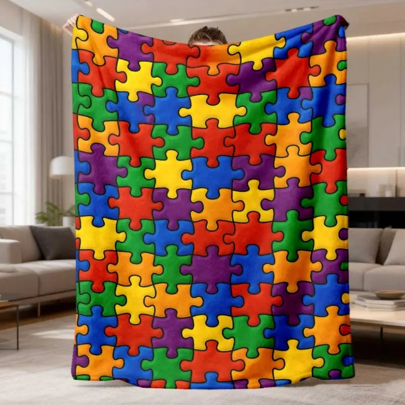 Rainbow Puzzle Pieces All Over Print Flannel Throw Blanket