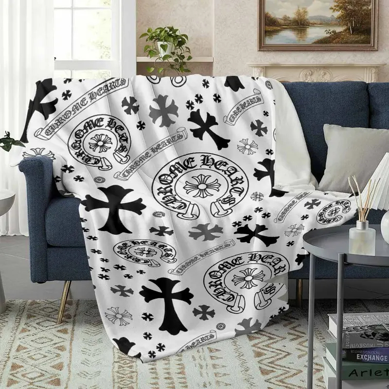 Gothic Cross Flannel Blanket Throw - Flannel Fabric, Black White Vintage Floral Cross Motif