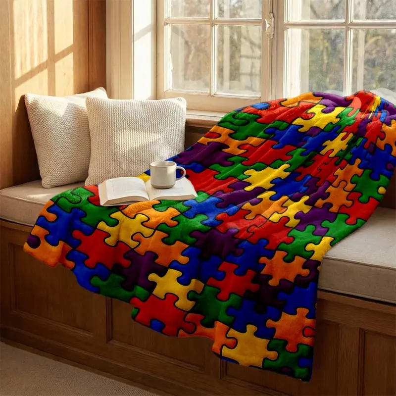 Rainbow Puzzle Pieces All Over Print Flannel Throw Blanket