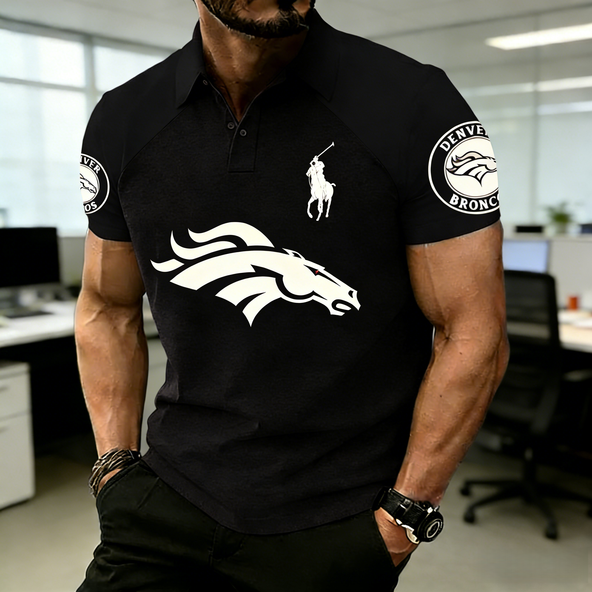 RL Style NFL Denver Broncos Raglan Sleeve Polo Shirt