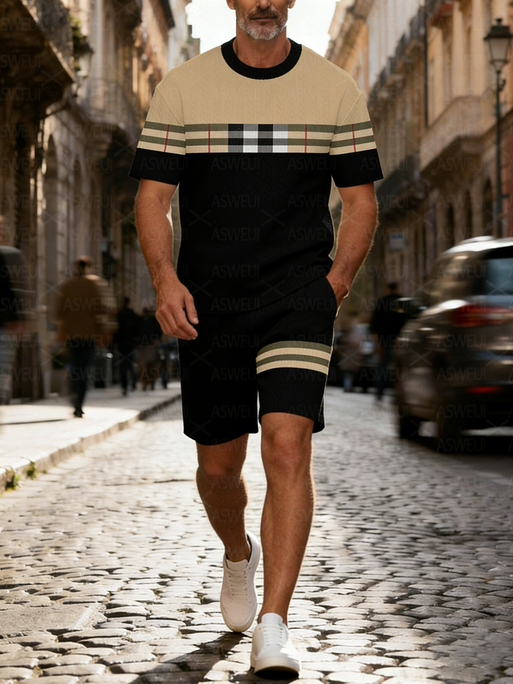 Men's Colorblock Summer Round Neck Set