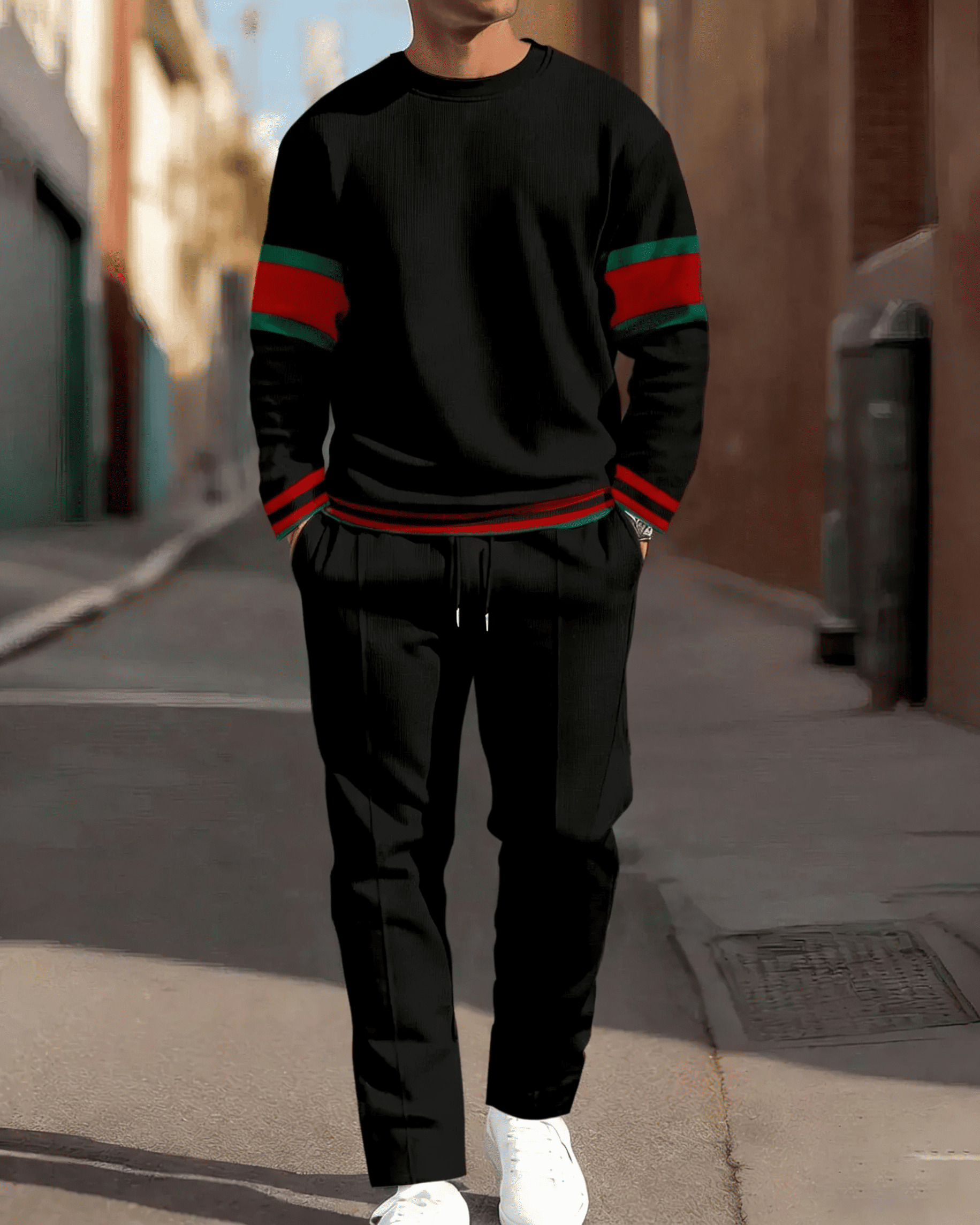 Men's Simple Colorblock Round Neck Casual Sports Set 0189