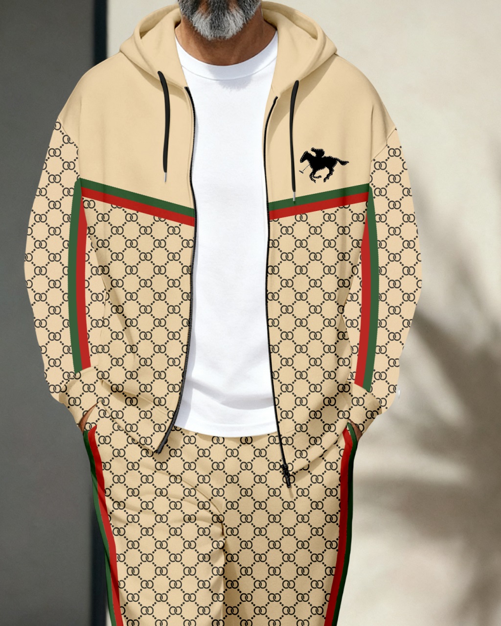 Men's Retro Luxury Thickened Fleece Colorblock Jacket Sports Hoodie Set 02