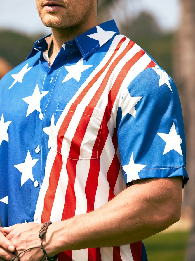Tall Size Moisture-wicking American Flag Chest Pocket Casual Shirt