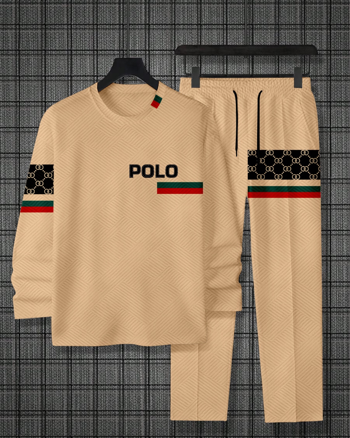 Men's Colorblock Printed Textured Long Sleeve -Sleeved Trousers Suit 038