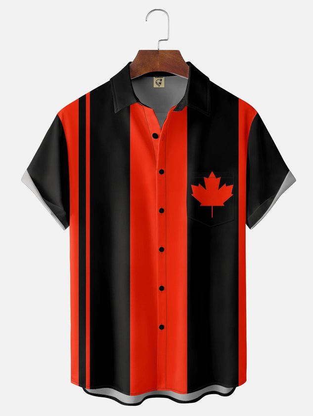 Tall Size Moisture-wicking Canada Day Maple Leaf Chest Pocket Bowling Shirt
