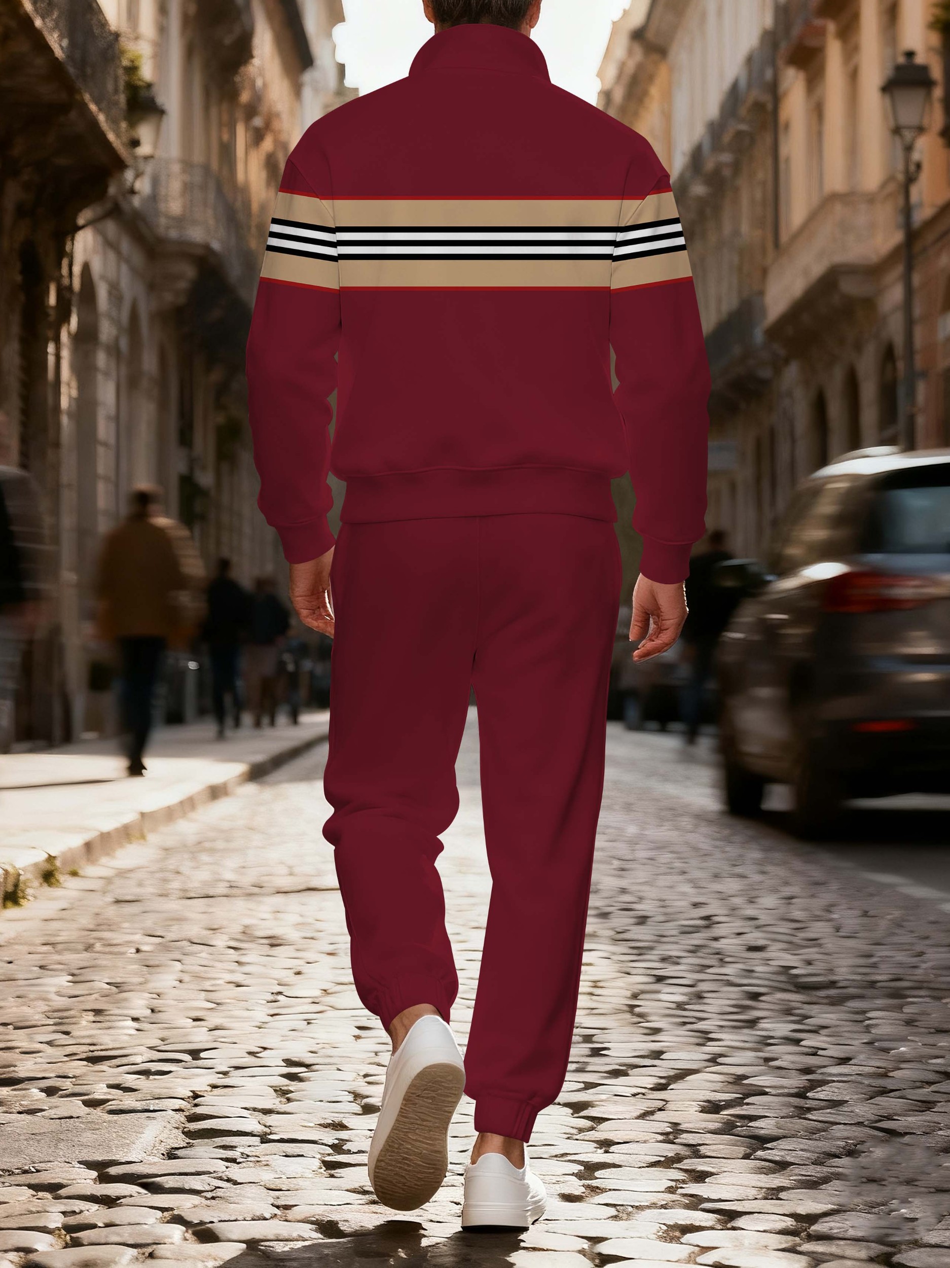 Men's stylish casual striped zipper long-sleeved two-piece set