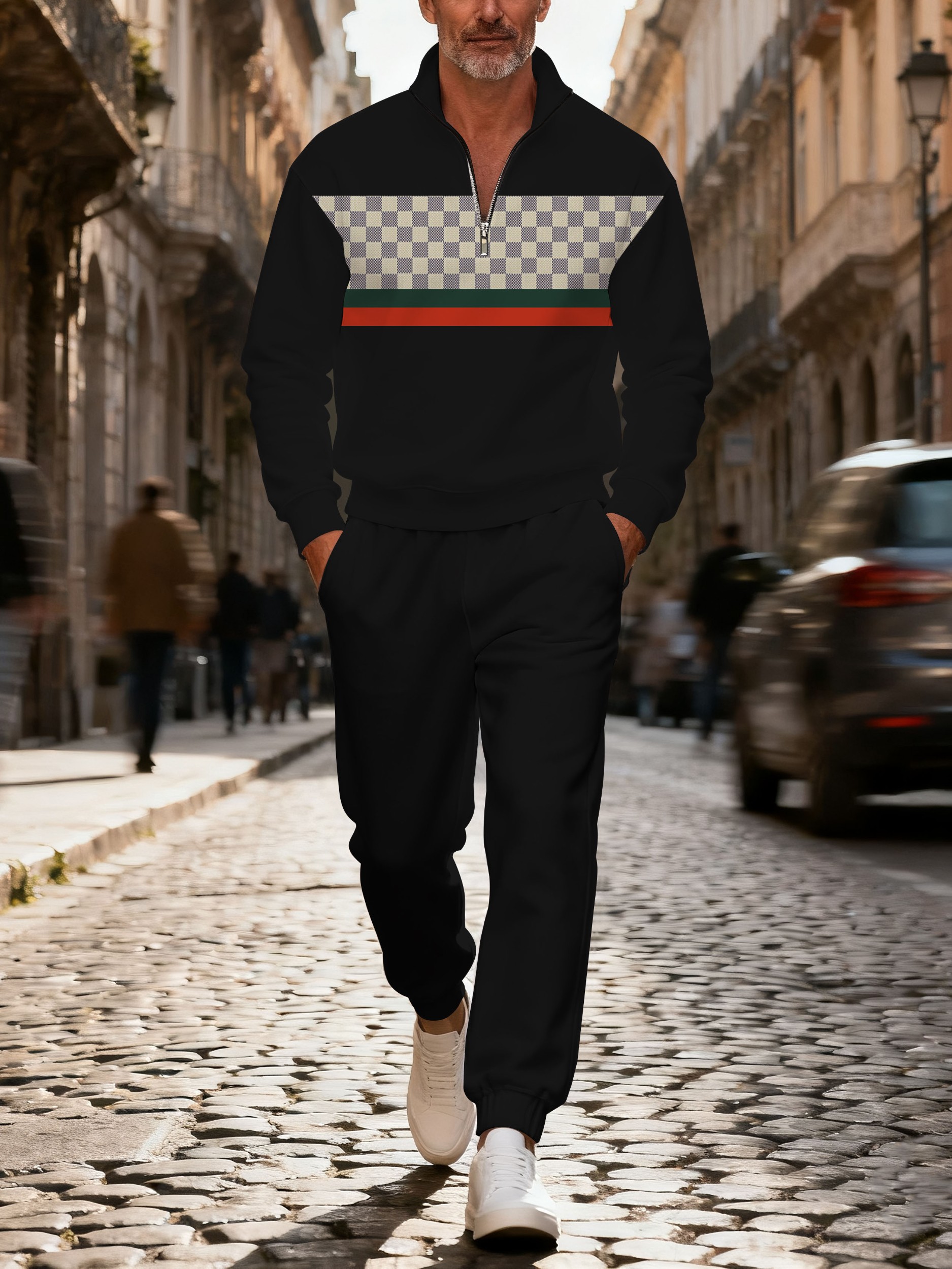 Men's casual checkered zipper long-sleeved two-piece set