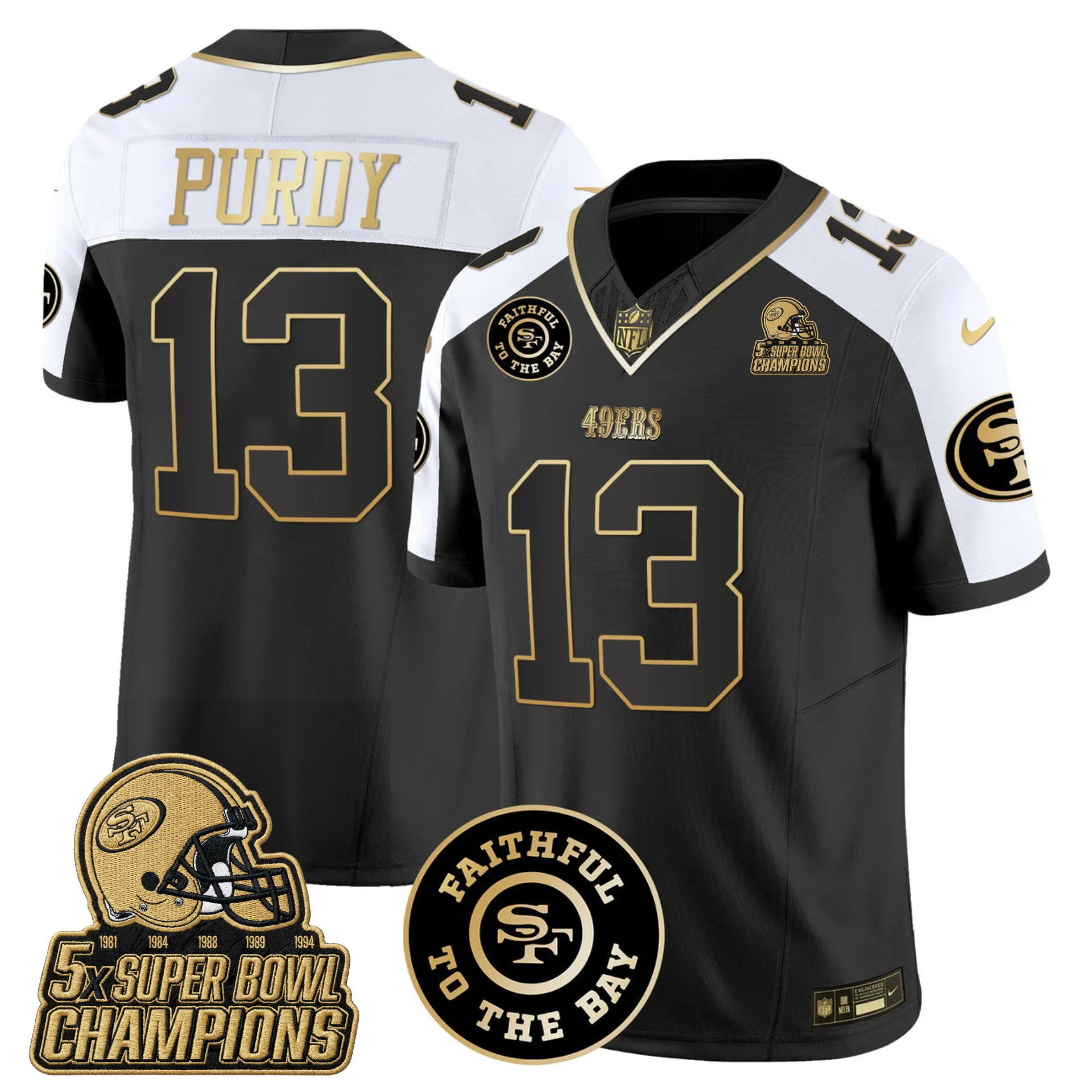 49ers Faithful To The Bay & 5x Champions Gold Patch Vapor Jersey - All Stitched