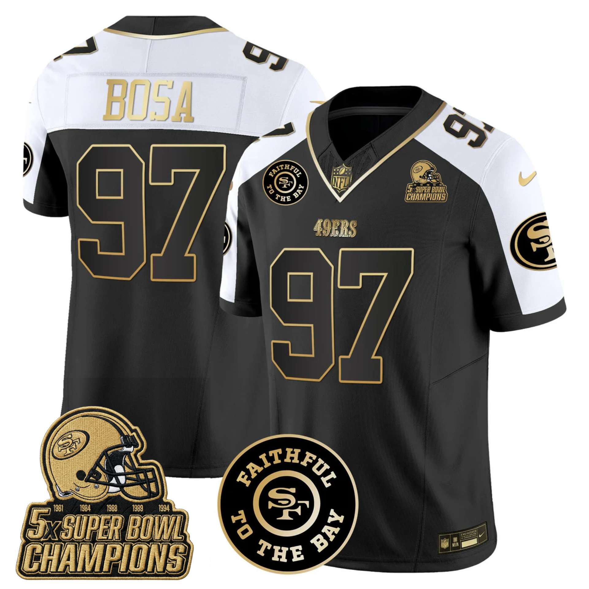 49ers Faithful To The Bay & 5x Champions Gold Patch Vapor Jersey - All Stitched