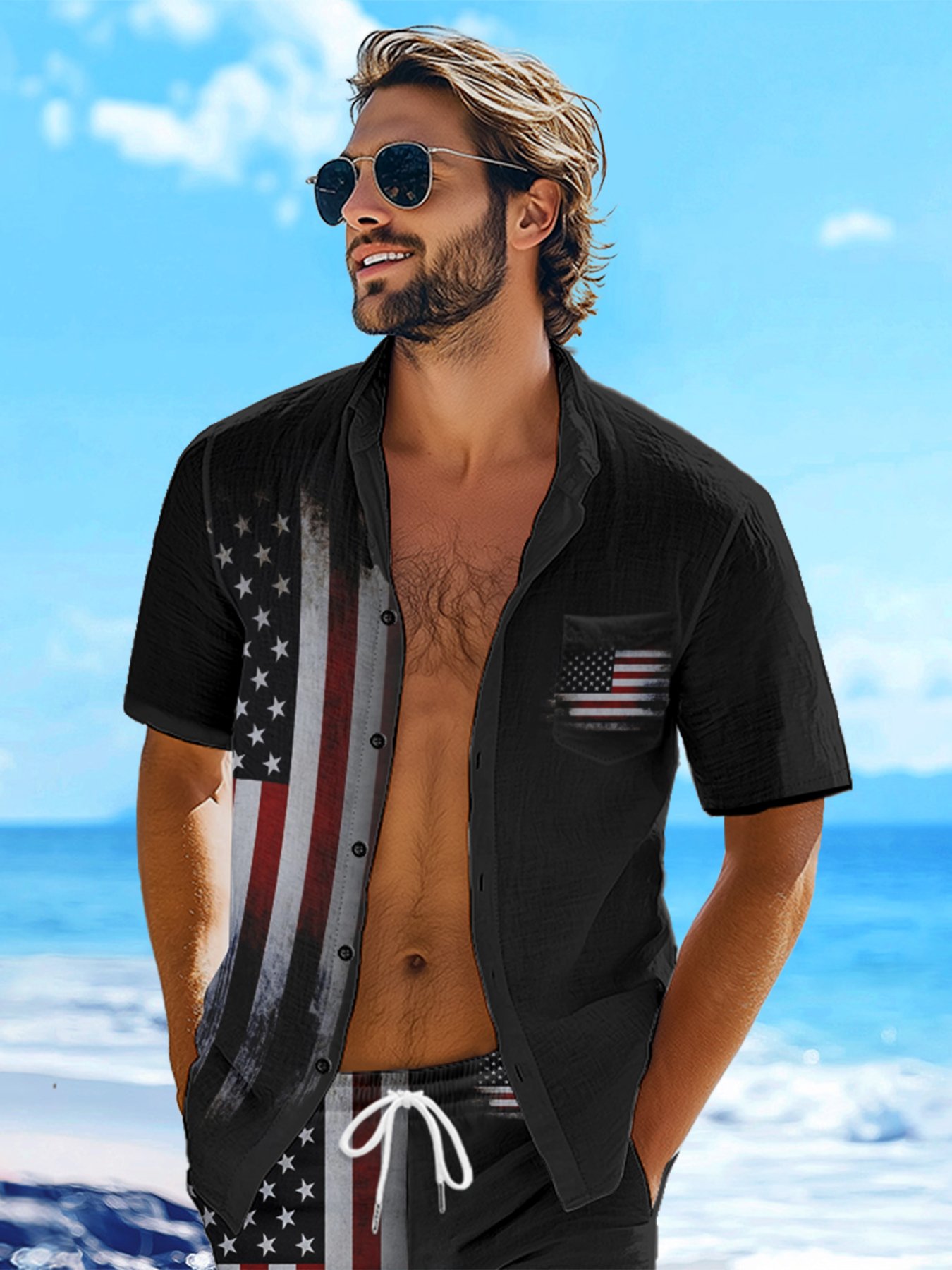  American Flag Chest Pocket Short Sleeve Casual Shirt