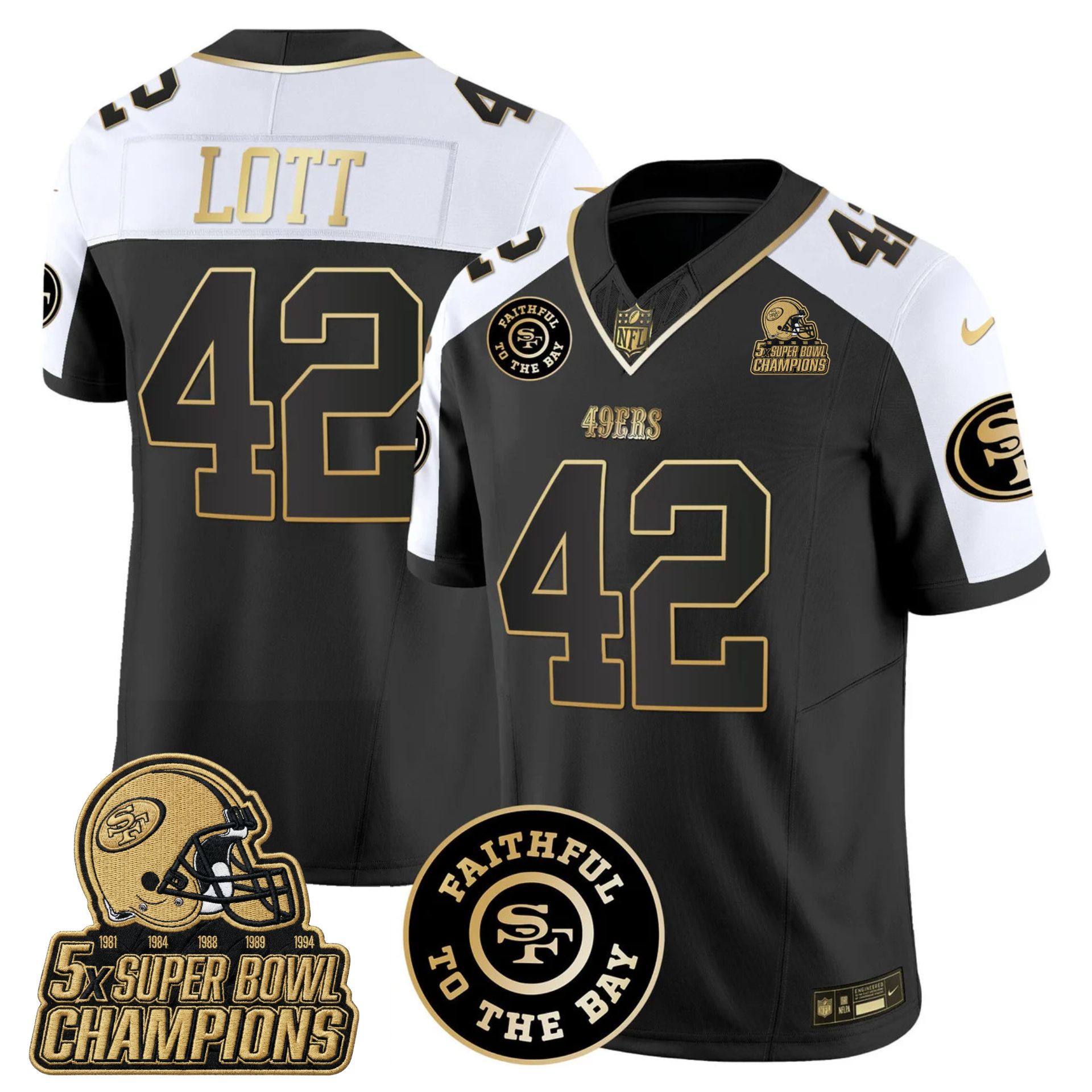 49ers Faithful To The Bay & 5x Champions Gold Patch Vapor Jersey - All Stitched