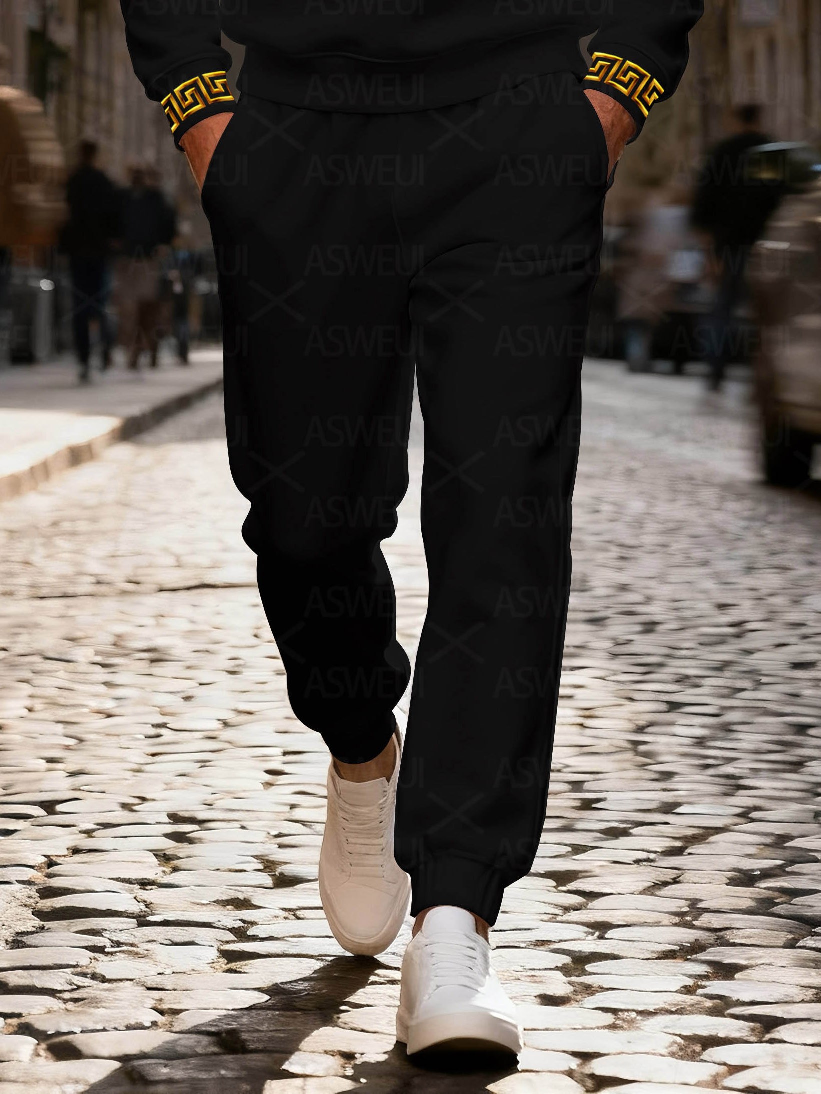 Men's fashionable black and gold geometric print zipper long-sleeved two-piece set