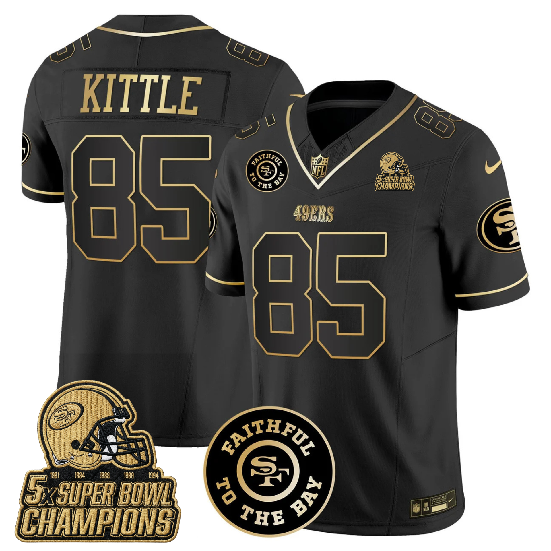 49ers Faithful To The Bay & 5x Champions Gold Patch Vapor Jersey - All Stitched