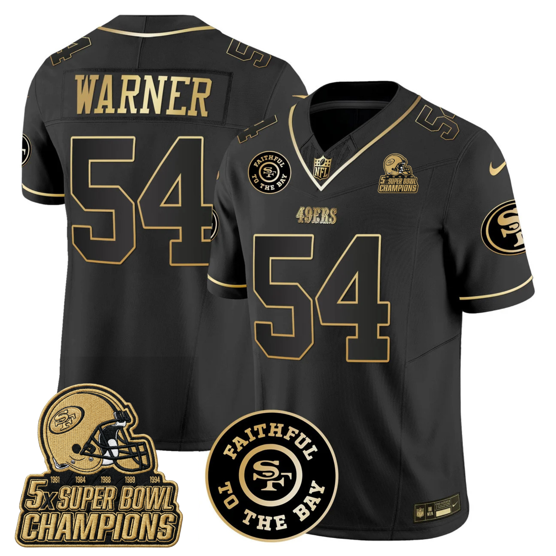 49ers Faithful To The Bay & 5x Champions Gold Patch Vapor Jersey - All Stitched