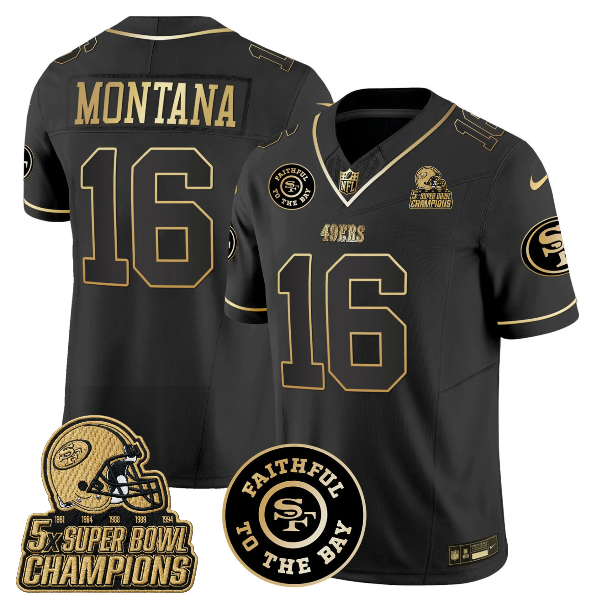 49ers Faithful To The Bay & 5x Champions Gold Patch Vapor Jersey - All Stitched