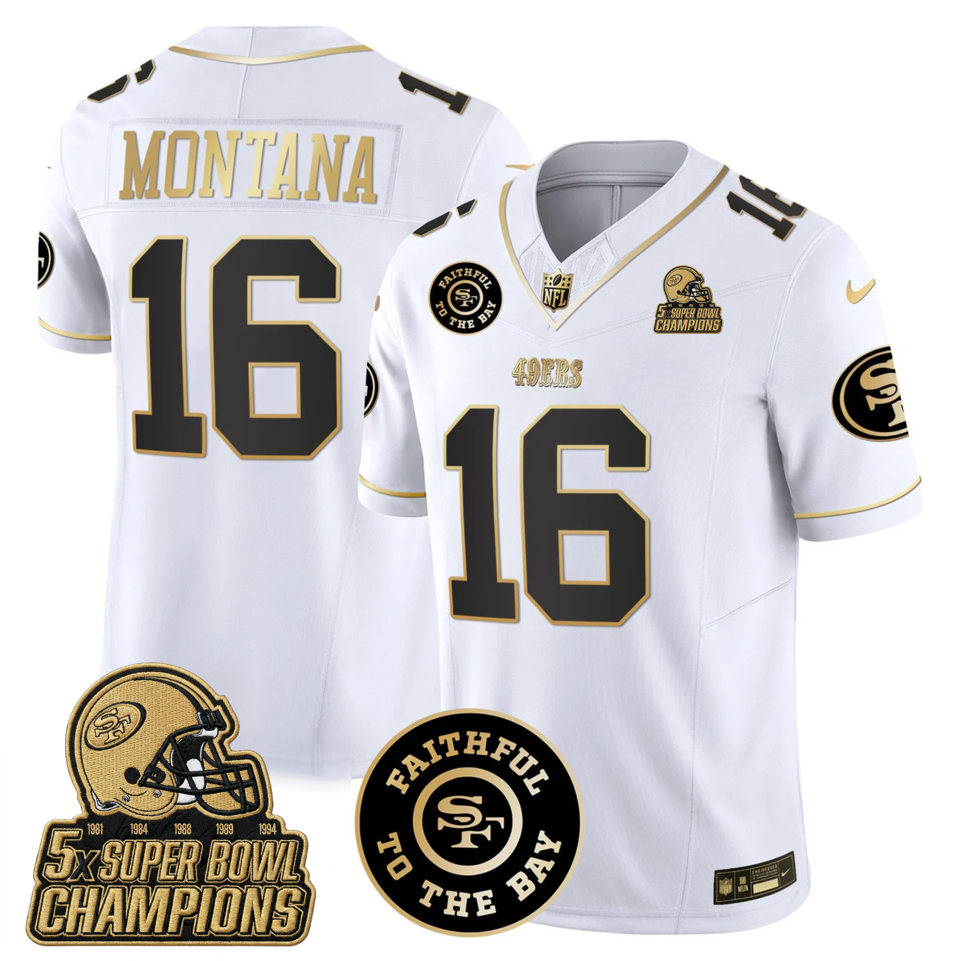 49ers Faithful To The Bay & 5x Champions Gold Patch Vapor Jersey - All Stitched