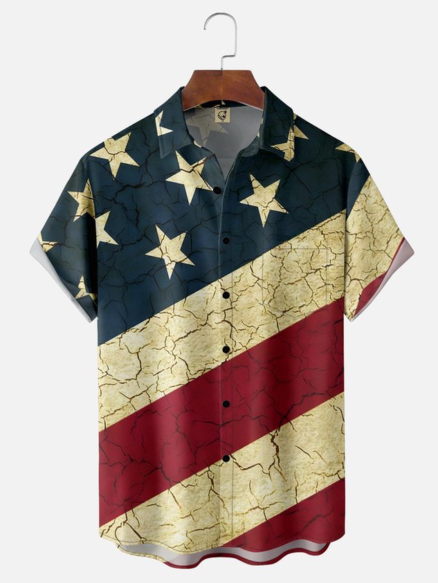 Tall Size Moisture-wicking American Flag Chest Pocket Casual Shirt