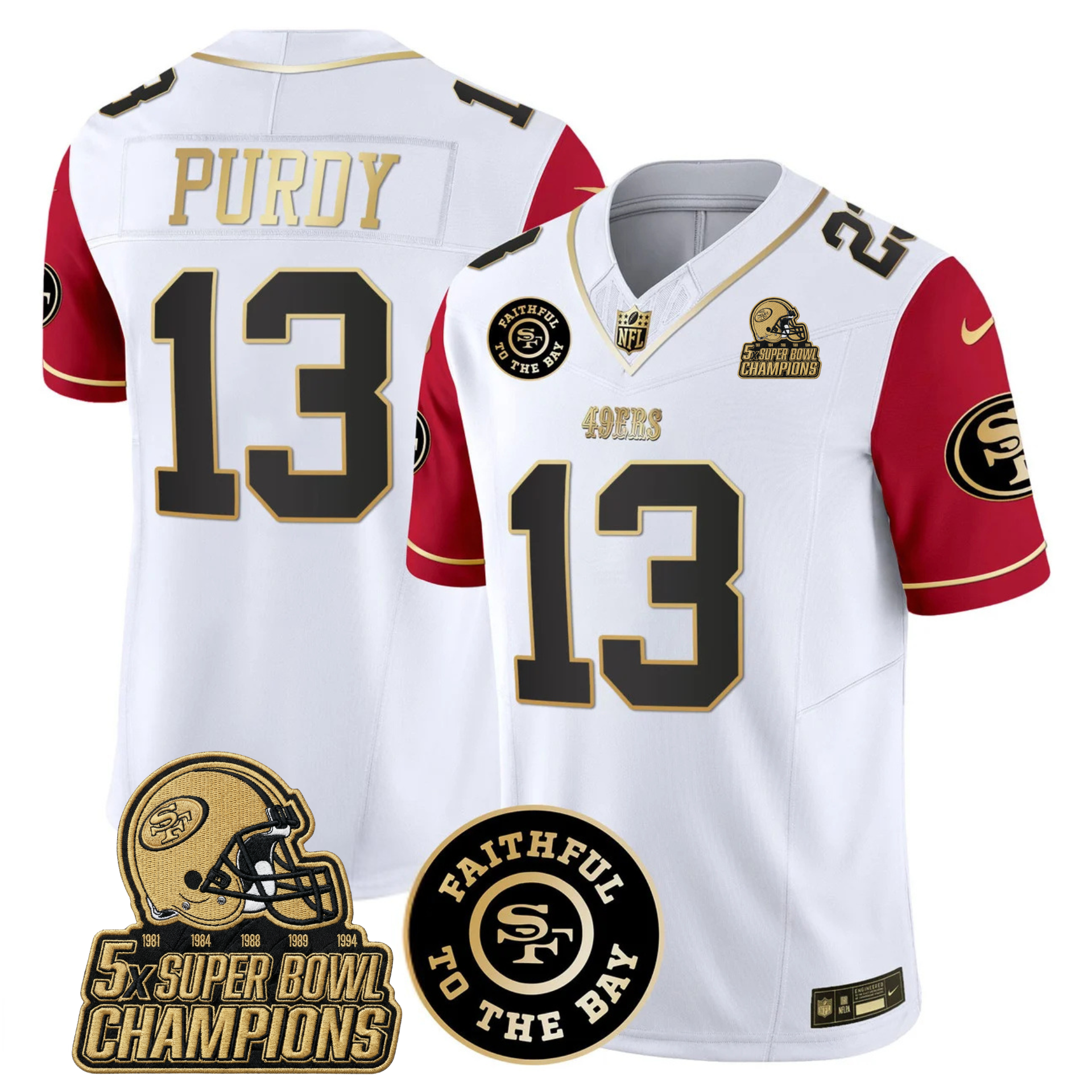 49ers Faithful To The Bay & 5x Champions Gold Patch Vapor Jersey - All Stitched