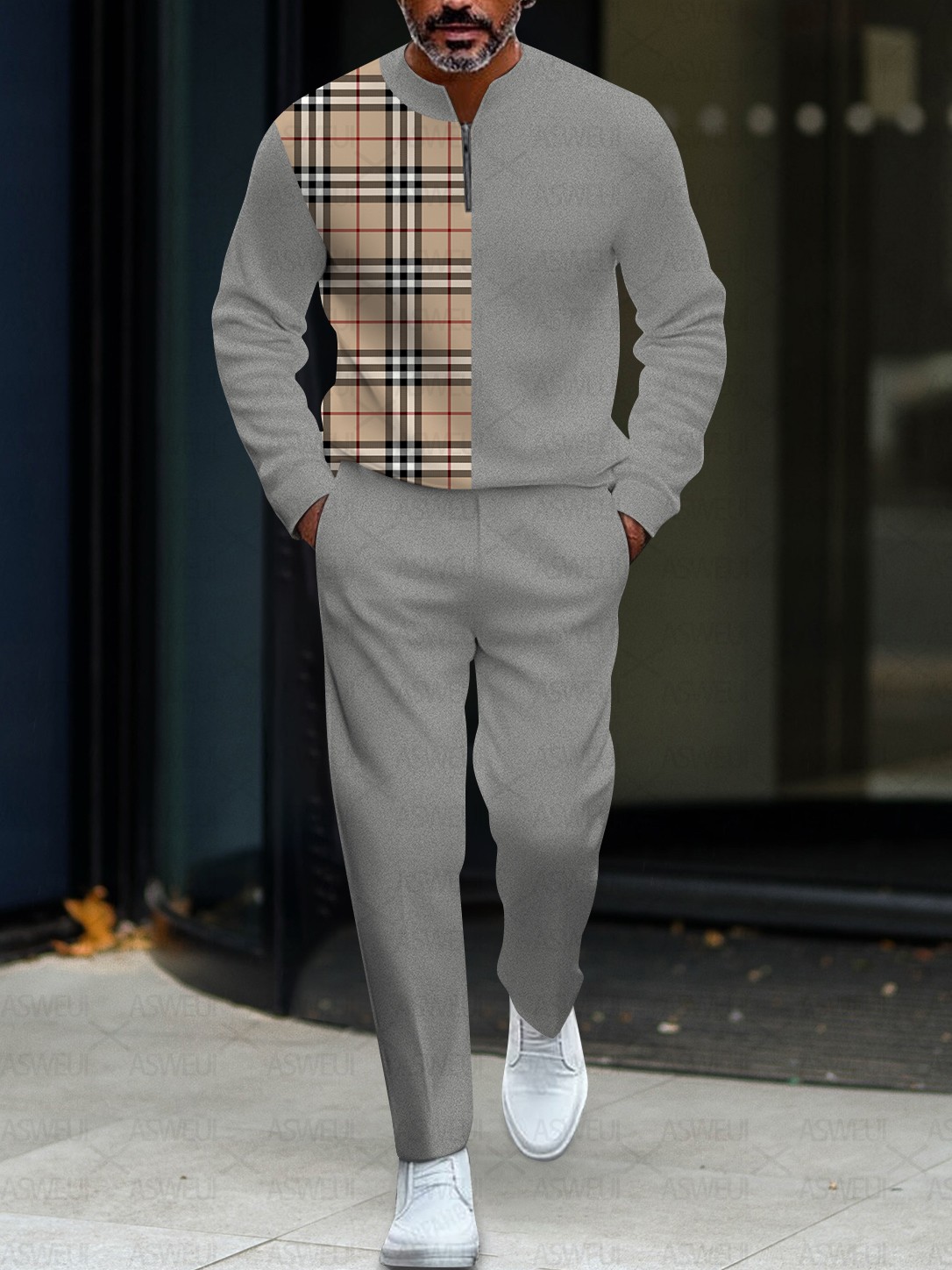 Men's fashionable casual plaid zipper long-sleeved two-piece set