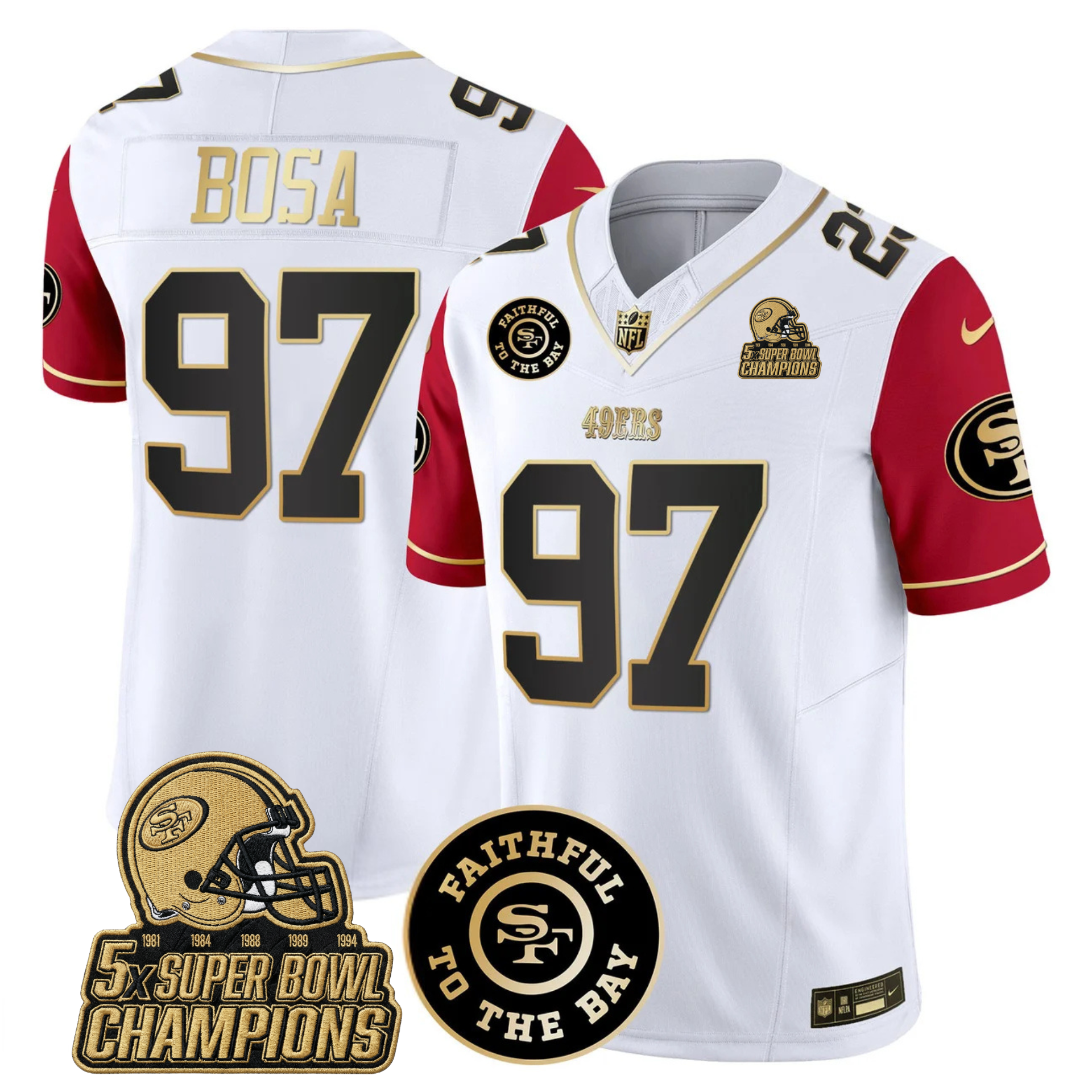 49ers Faithful To The Bay & 5x Champions Gold Patch Vapor Jersey - All Stitched