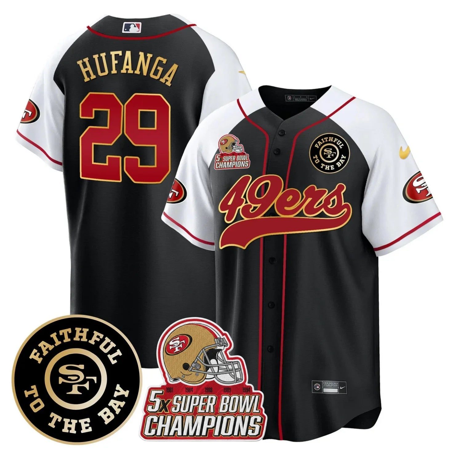 49ers Faithful To The Bay & 5x Champions Patch Baseball Jersey - All Stitched