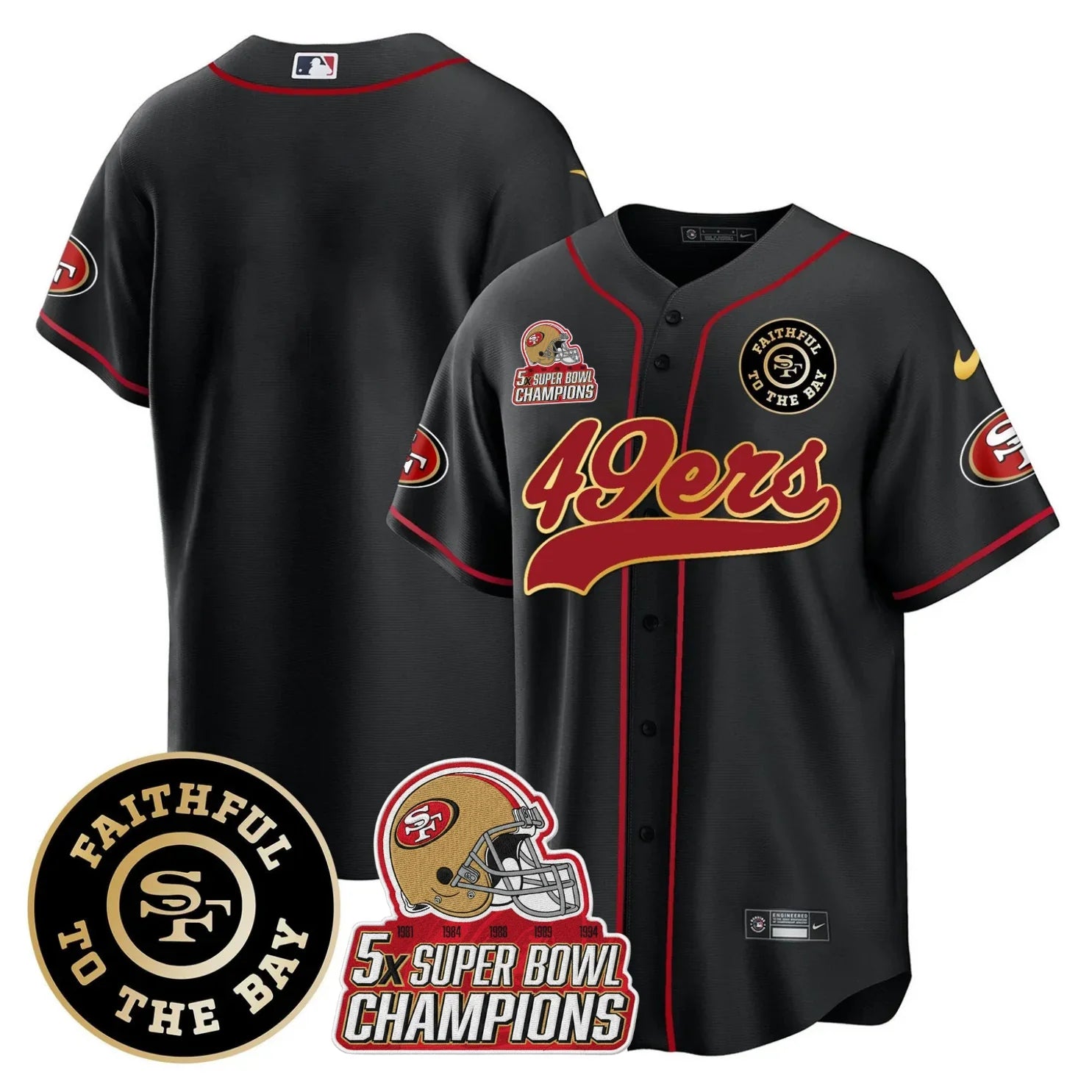 49ers Faithful To The Bay & 5x Champions Patch Baseball Jersey - All Stitched