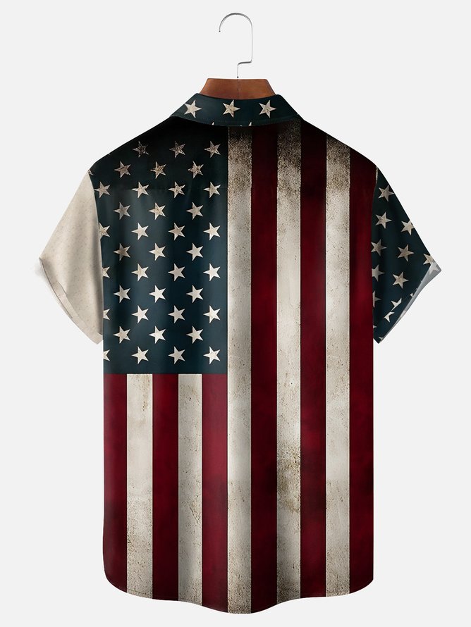 Tall Size Moisture-wicking Memorial Day American Flag American Eagle Chest Pocket Casual Shirt