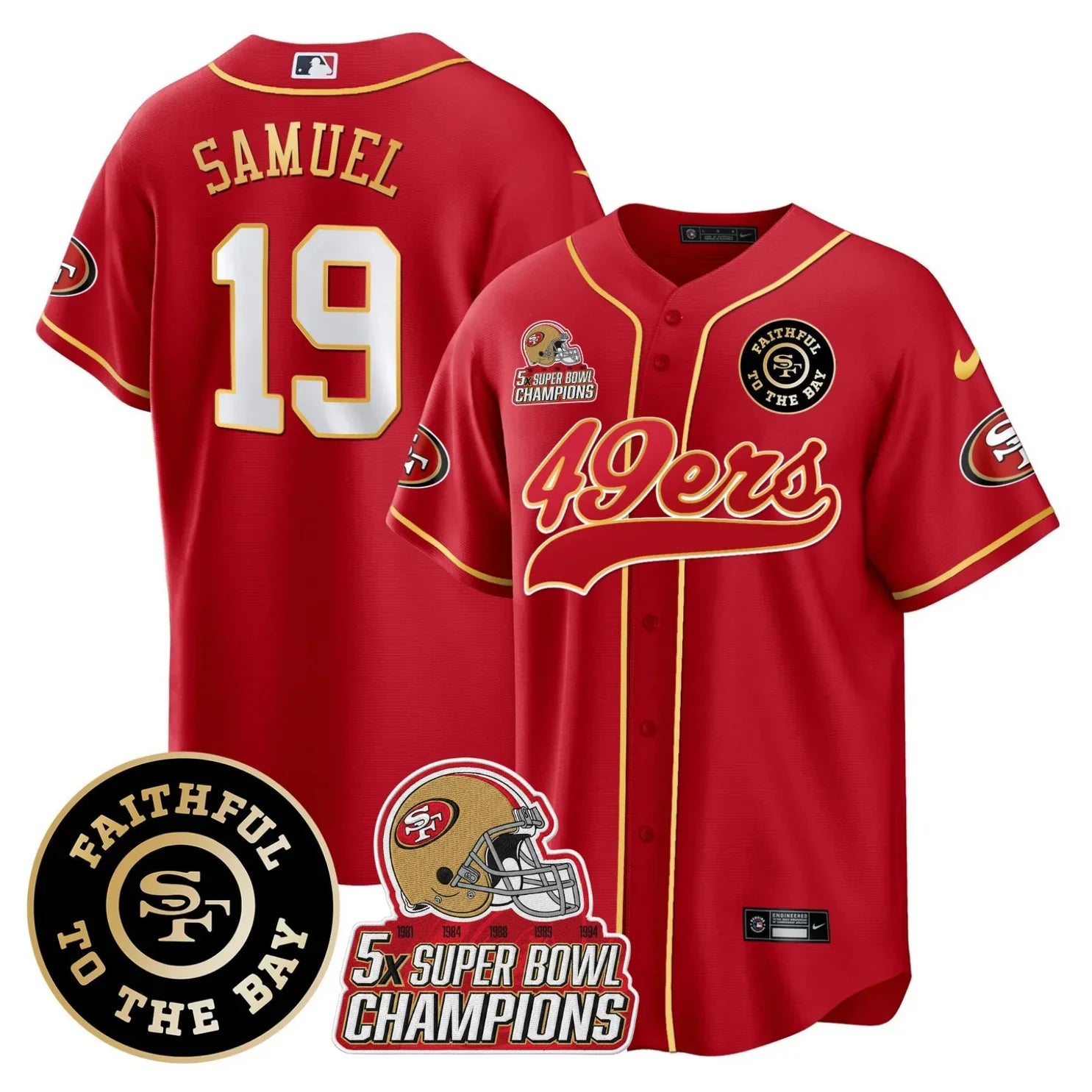 49ers Faithful To The Bay & 5x Champions Patch Baseball Jersey - All Stitched