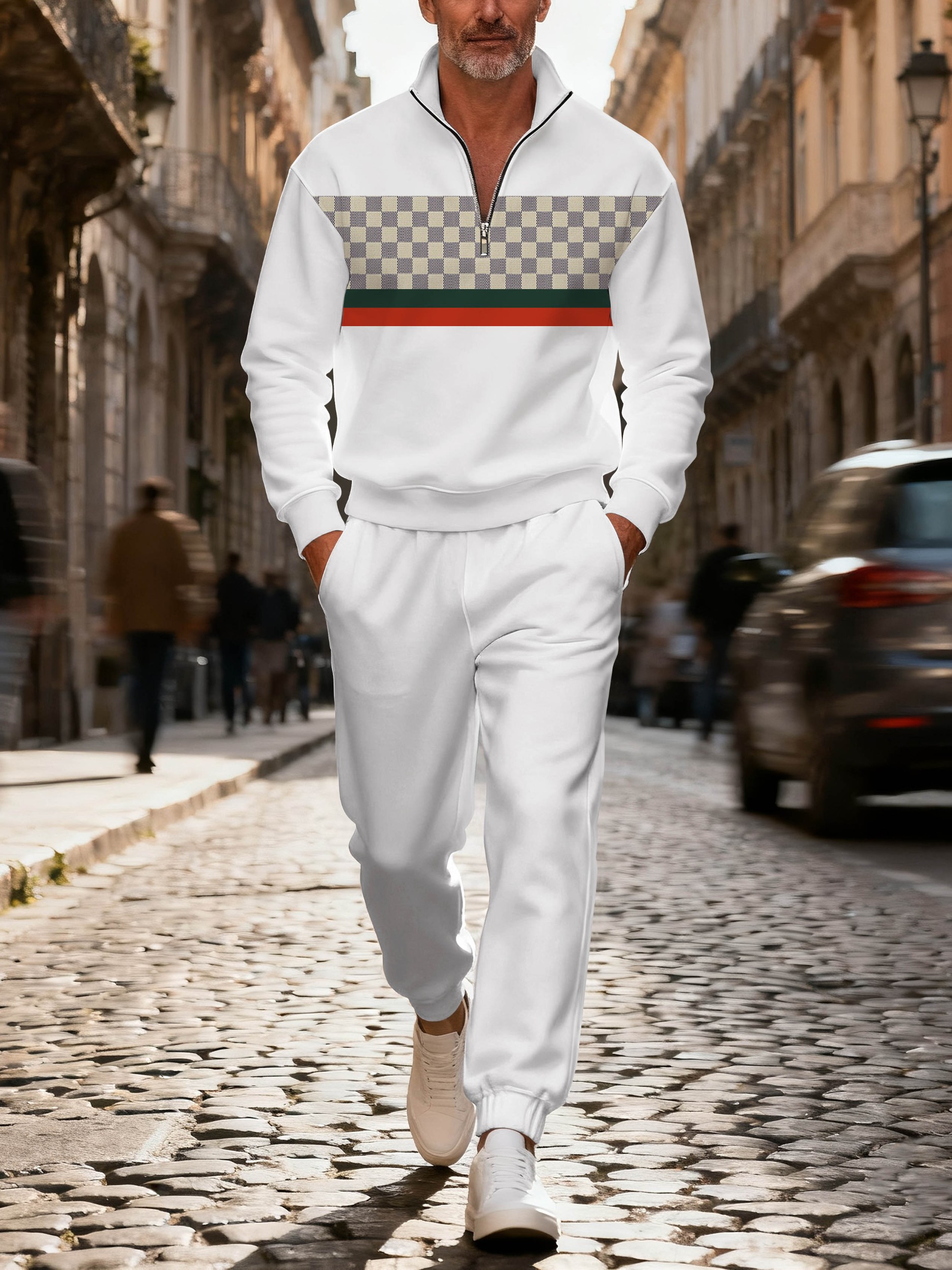 Men's casual checkered zipper long-sleeved two-piece set