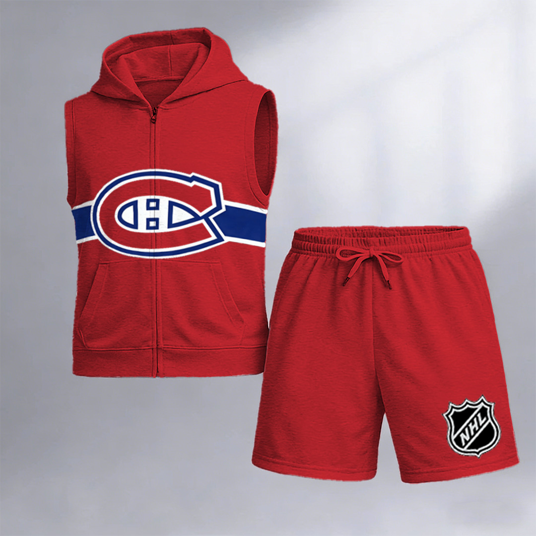 Men's "Montreal Canadaniens" printed sleeveless hoodie and shorts two-piece set
