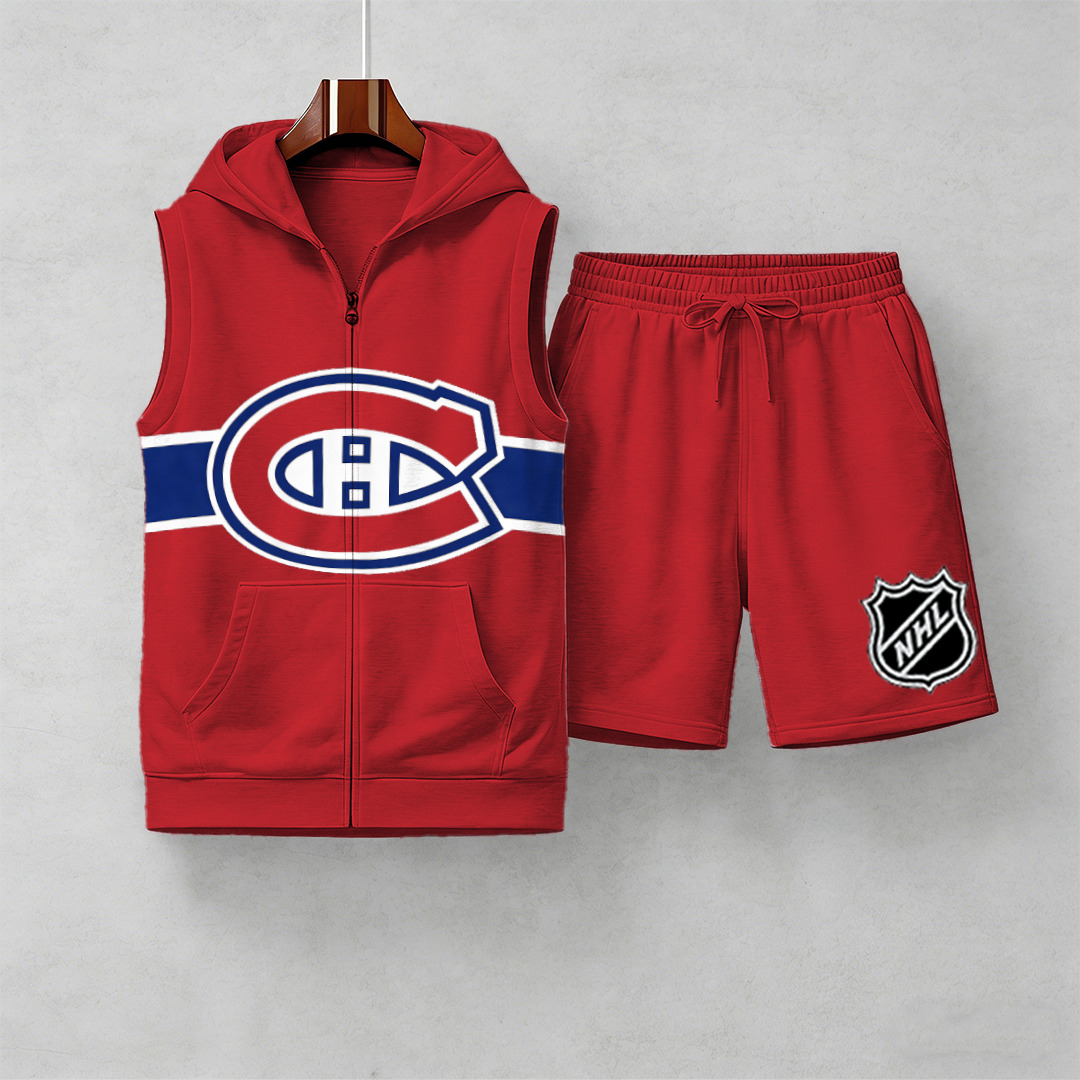 Men's "Montreal Canadaniens" printed sleeveless hoodie and shorts two-piece set